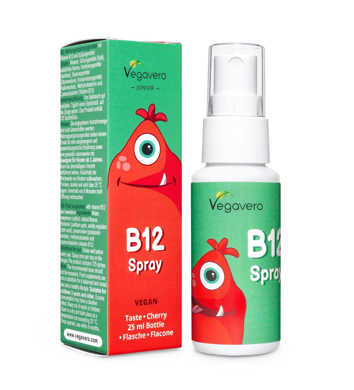Vegavero Kids Vitamin B12 Spray | Natural Cherry Flavour | No Artificial Additives | Methylcobalamin & Cyanocobalamin | 4 Months Supply | 125 Sprays | Vegan - Buy Online on GoSupps.com