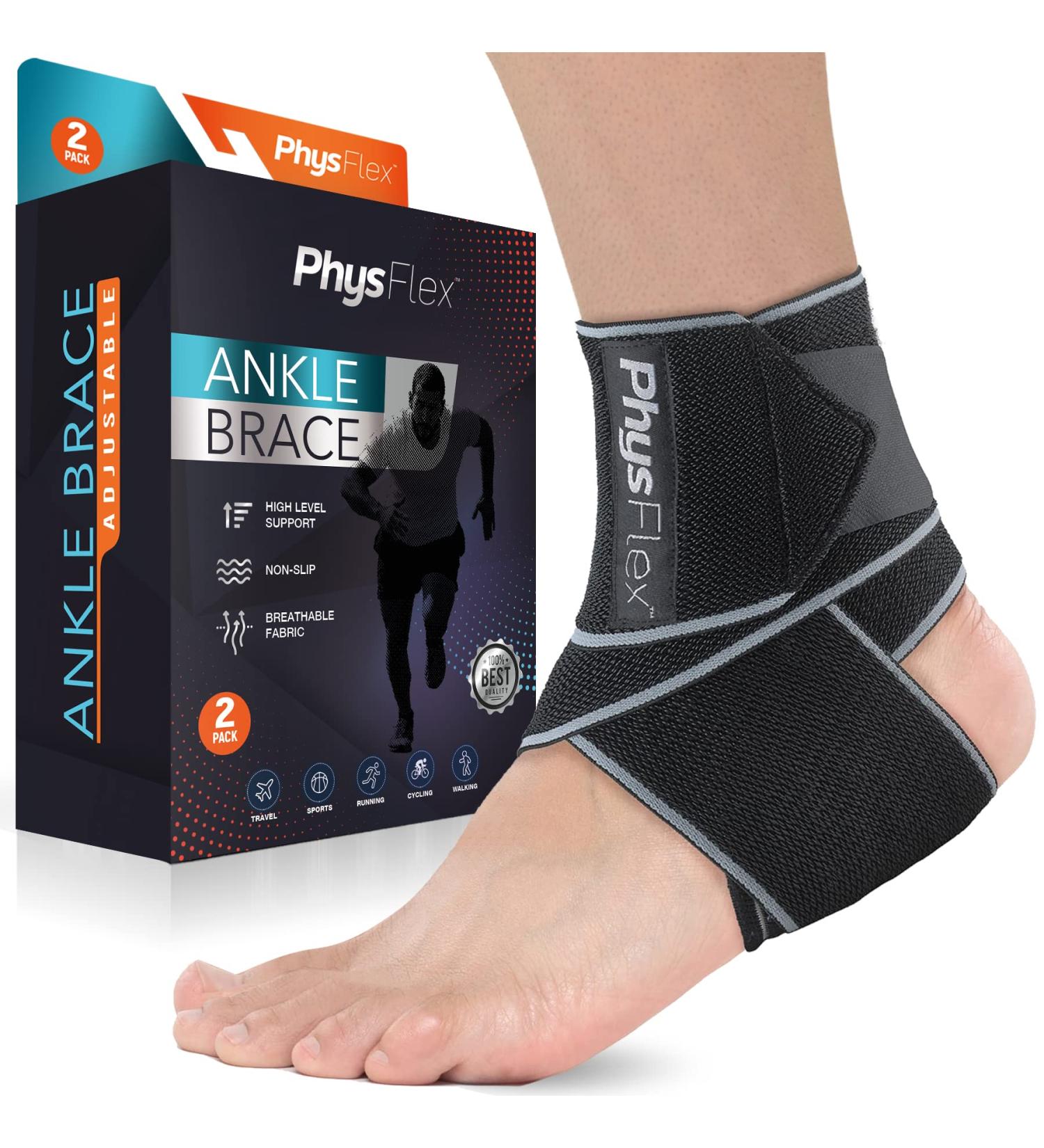 PhysFlex Ankle Brace 2 Pack - Compression Sleeve with Adjustable Strap for Sprained Ankle, Achilles Tendon, Plantar Fasciitis - Ideal for Men & Women - Gray - Buy Online on GoSupps.com