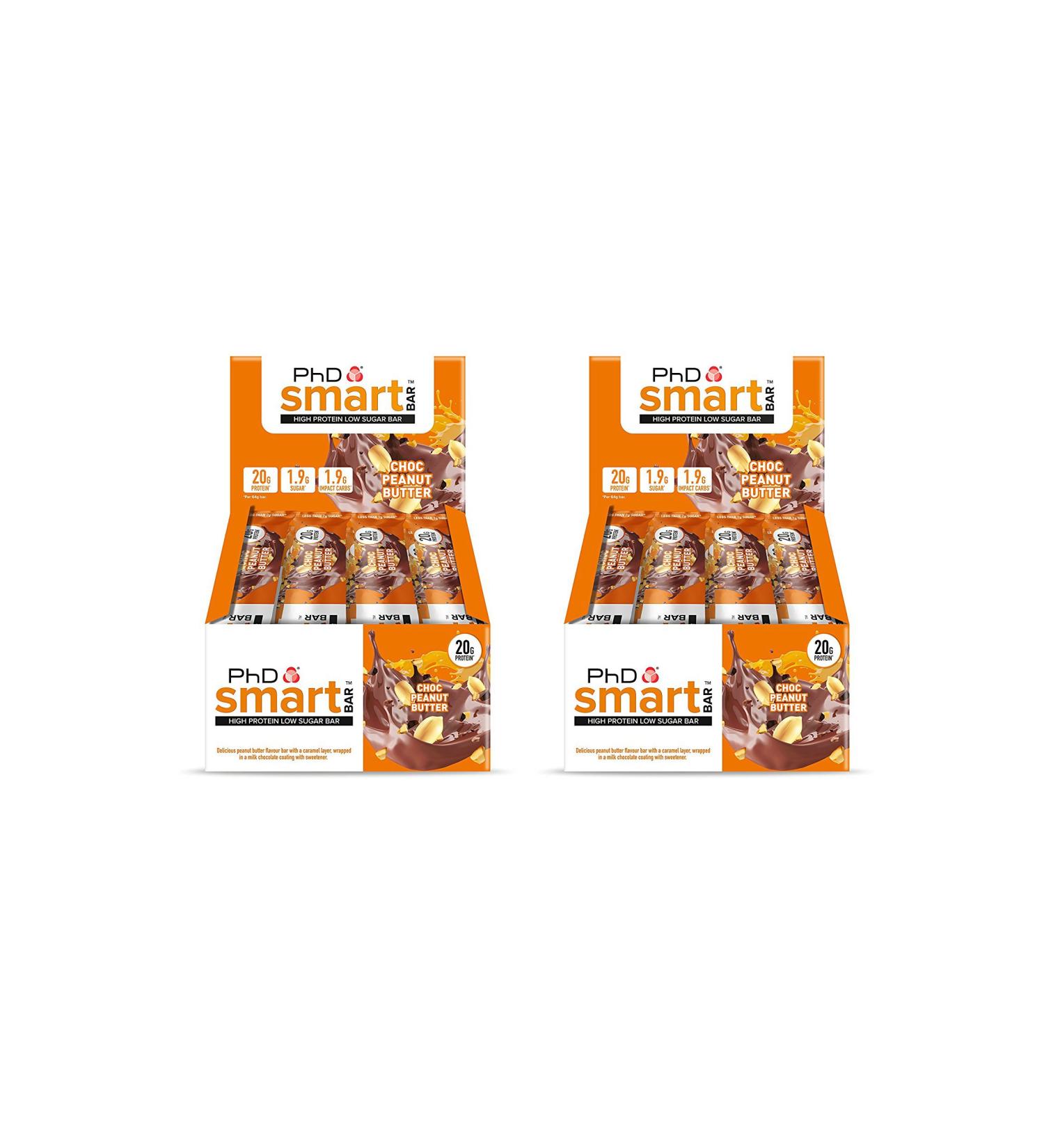 PhD Smart Bar High Protein Low Carb Bar Choc Pack of 2 boxes of 12 peanut butters 24 bars x 64 g