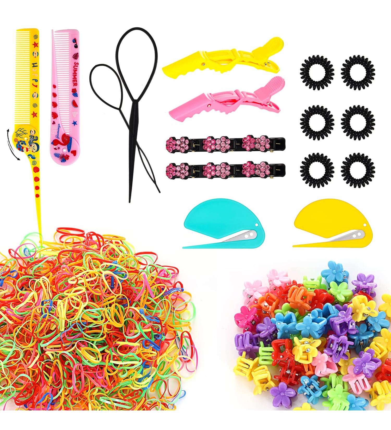 Colorful Hair Accessories Set with Rubber Bands, Mini Clips, Combs, Cutter, Spiral Hair Ties, Barrettes, Clips, Pull Through Tool - Gift Box Included - Buy Online on GoSupps.com