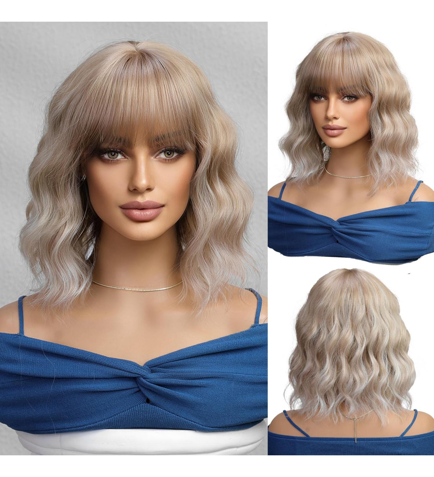 OUFEI Mixed Bright Blonde Wigs for Women Short Wavy Wig With Bangs Natural Synthetic Hair Heat Resistant Wigs for Daily Party Cosplay Wear - Buy Online on GoSupps.com