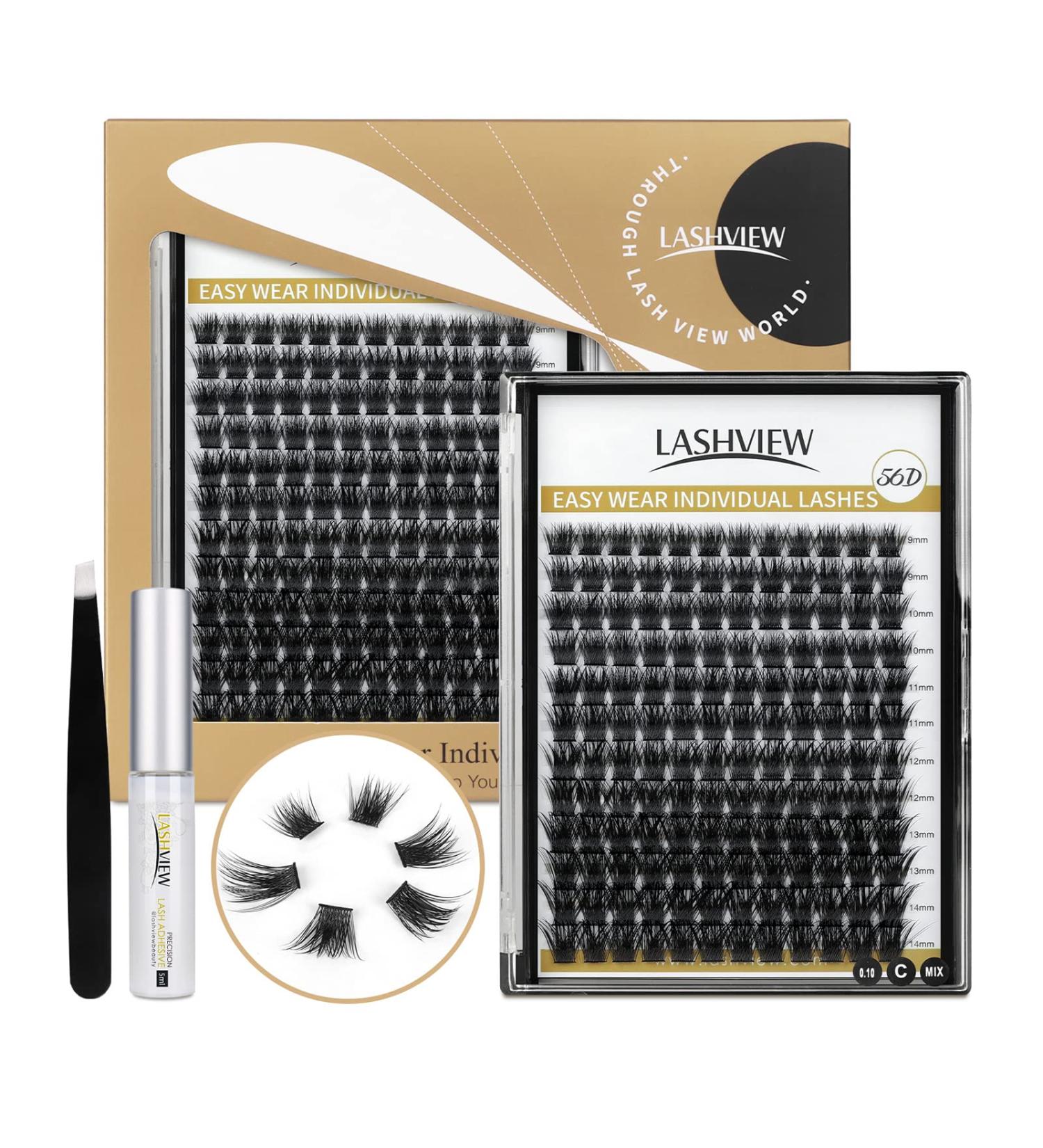 LASHVIEW DIY Cluster Lash Extension Kit - Soft, Lightweight 0.10mm Individual Cluster Lashes 9-14mm Mixed Reusable Wide Band - 56D Daily Kit - Buy Online on GoSupps.com