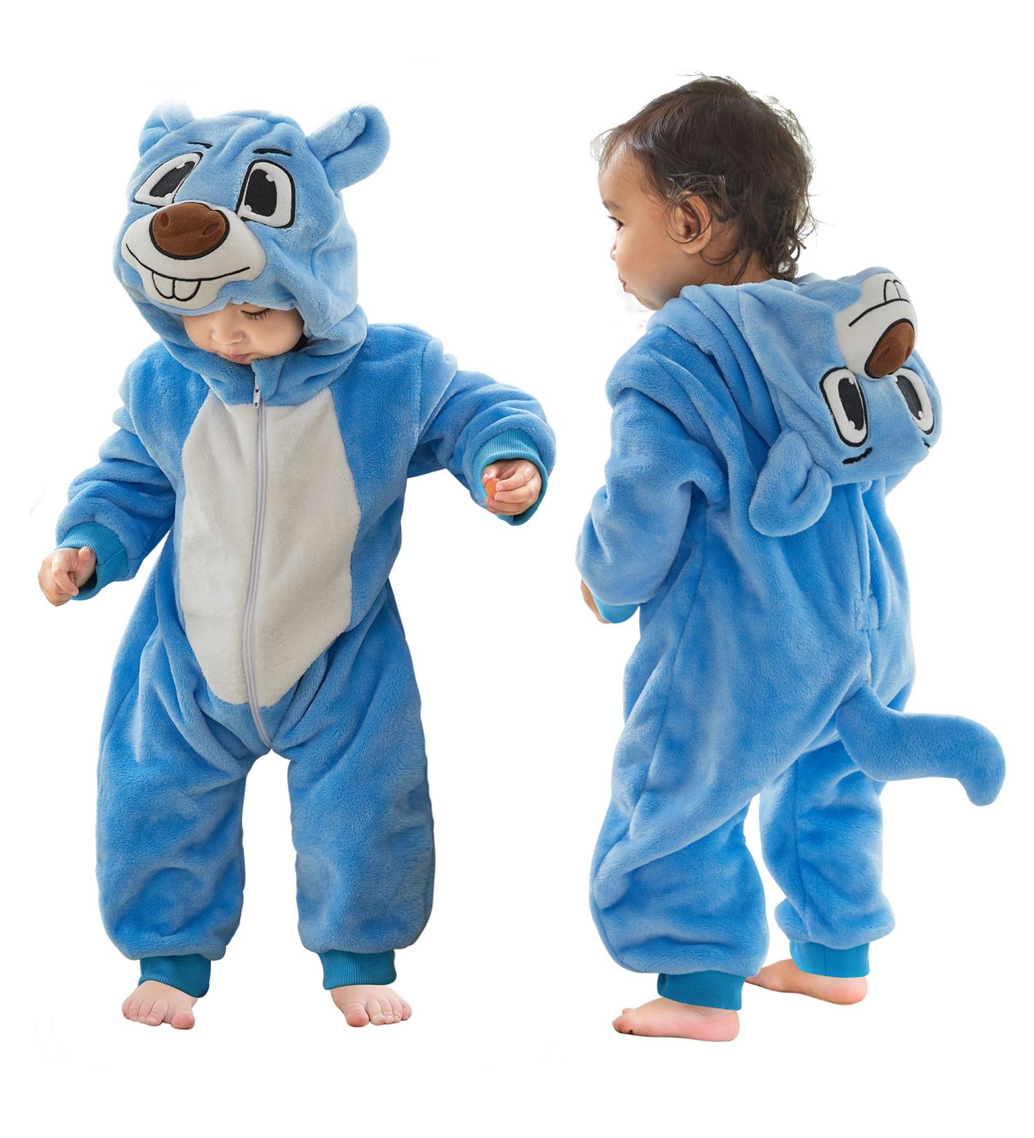 COOKY.D Baby Hooded Rompers - Winter Flannel Jumpsuit Pajamas for Infants 30-36 Months in Blue - Buy Online on GoSupps.com