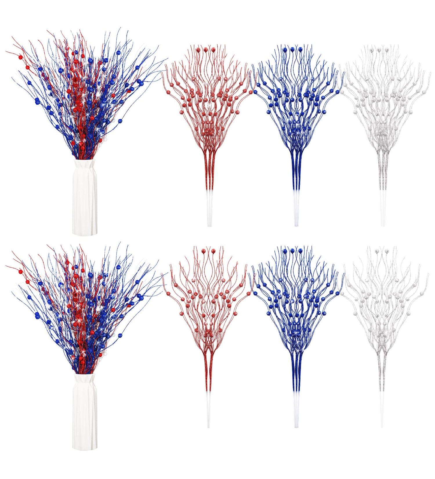 Patriotic Glitter Berry Stems - 17 Inch Fall Berry Picks for 4th of July Decor - 16 Pcs Red, Blue, White - Buy Online on GoSupps.com