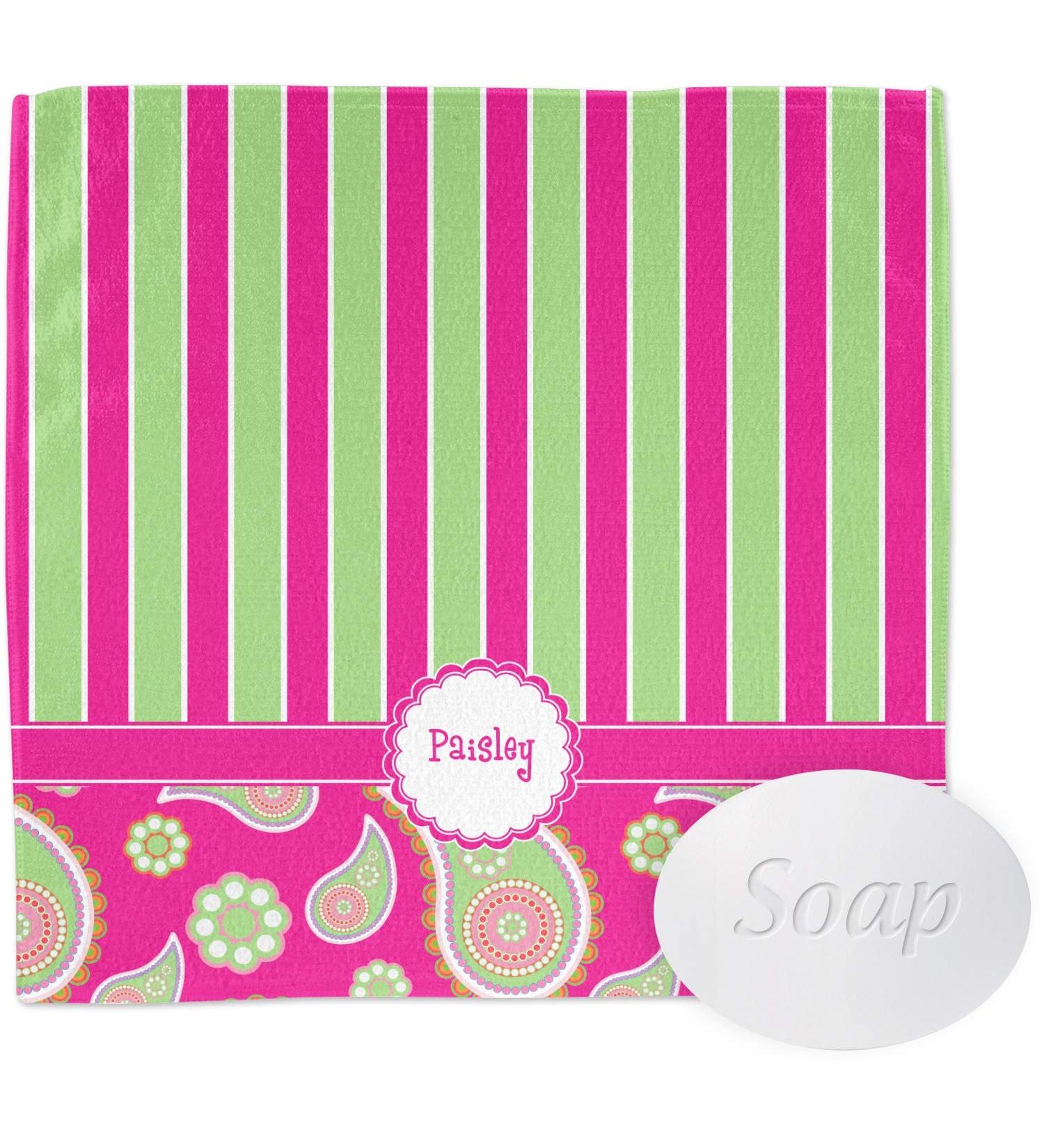 YouCustomizeIt Personalized Pink & Green Paisley and Stripes Washcloth