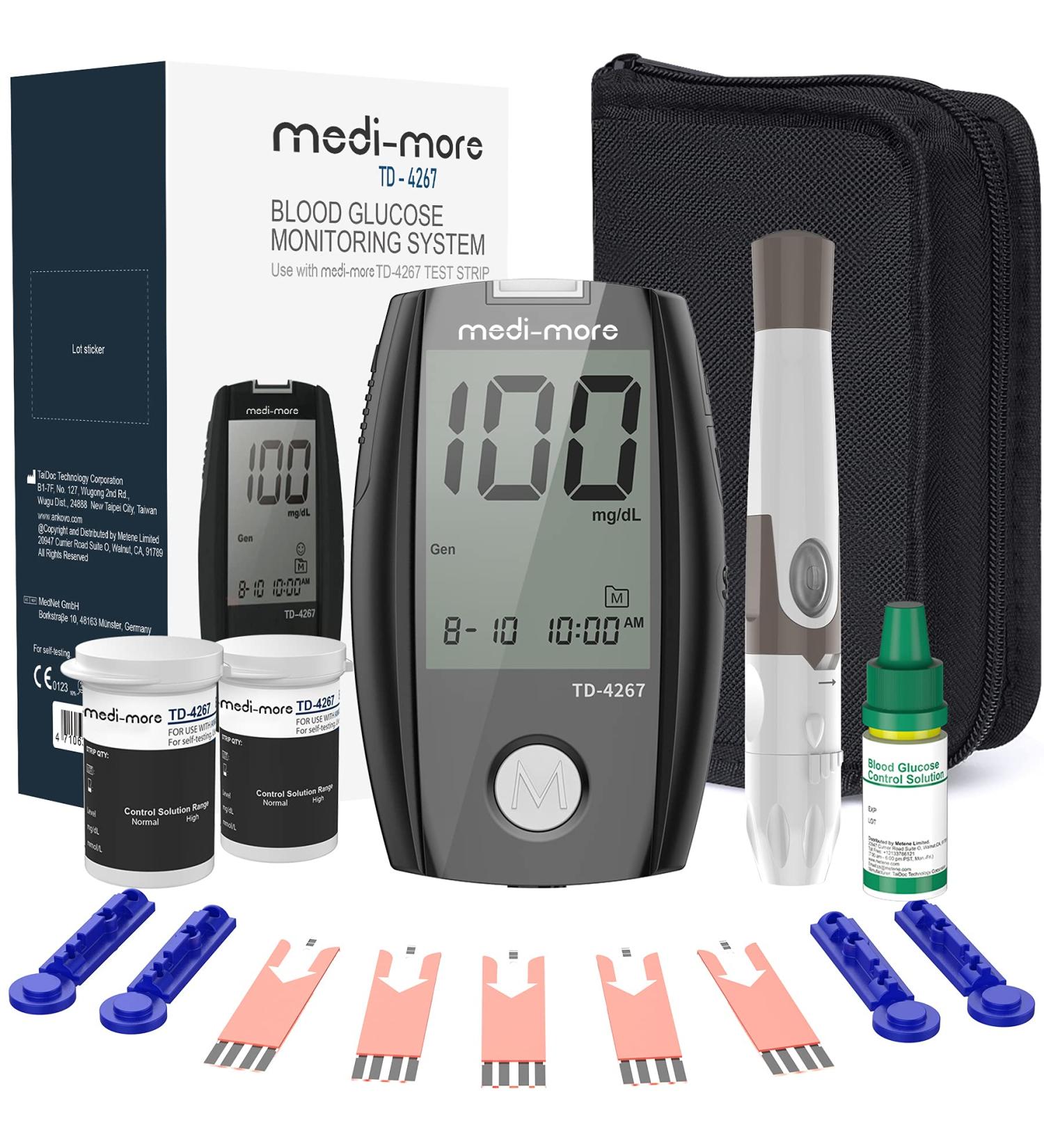 Medi-More Blood Glucose Monitor Kit with 100 Lancets and Control Solution - Diabetes Testing Set with Lancing Device and Carrying Case - Buy Online on GoSupps.com