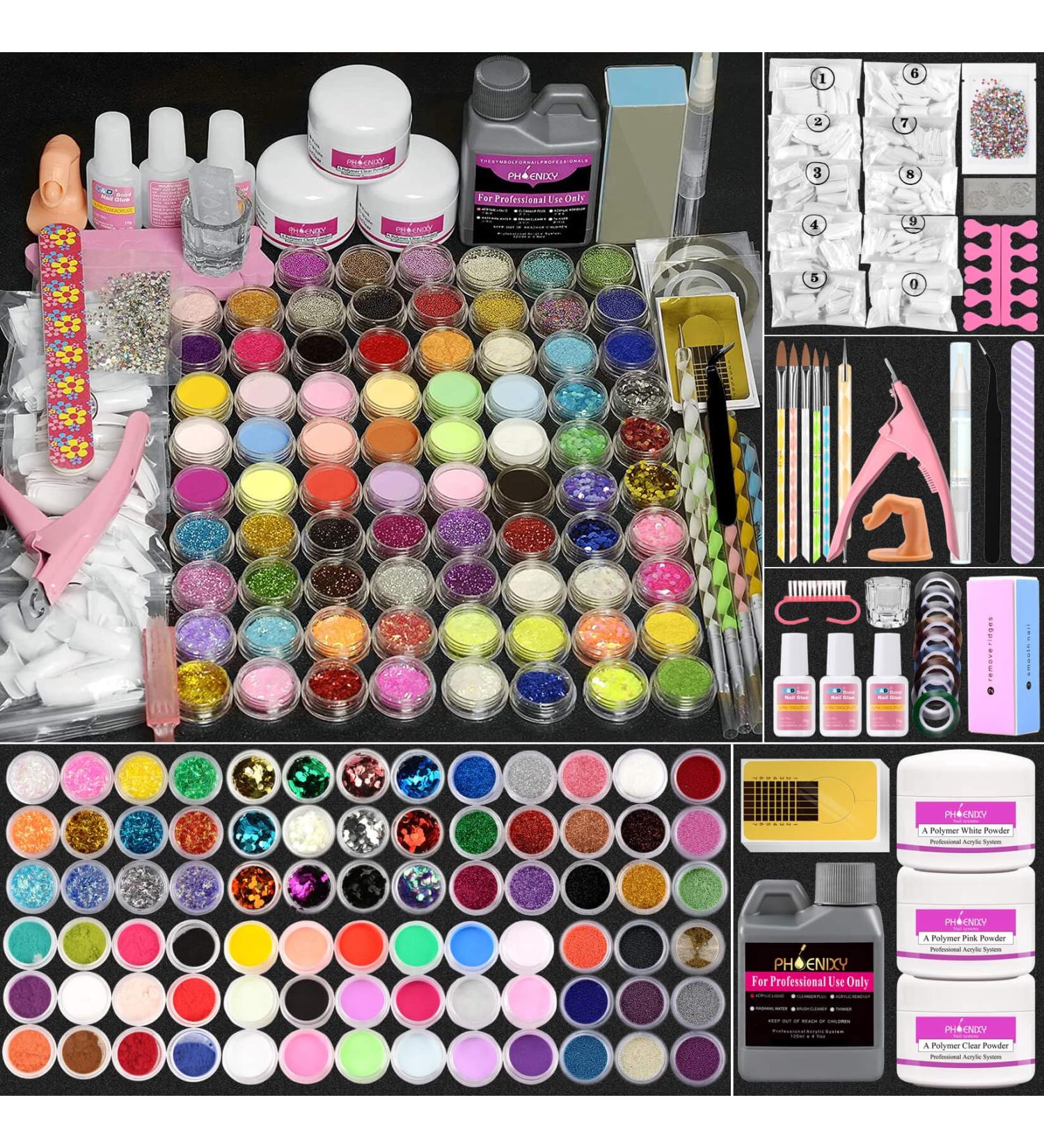 Acrylic Nail Kit Phoenixy 78 in 1 Acrylic Powder Nail Set and Powder Liquid Kit Glitter Clear Pink White Powder for Beginners Professional Acrylic False Nail Art Extension Kit Nail Tips Manicure Set - Buy Online on GoSupps.com