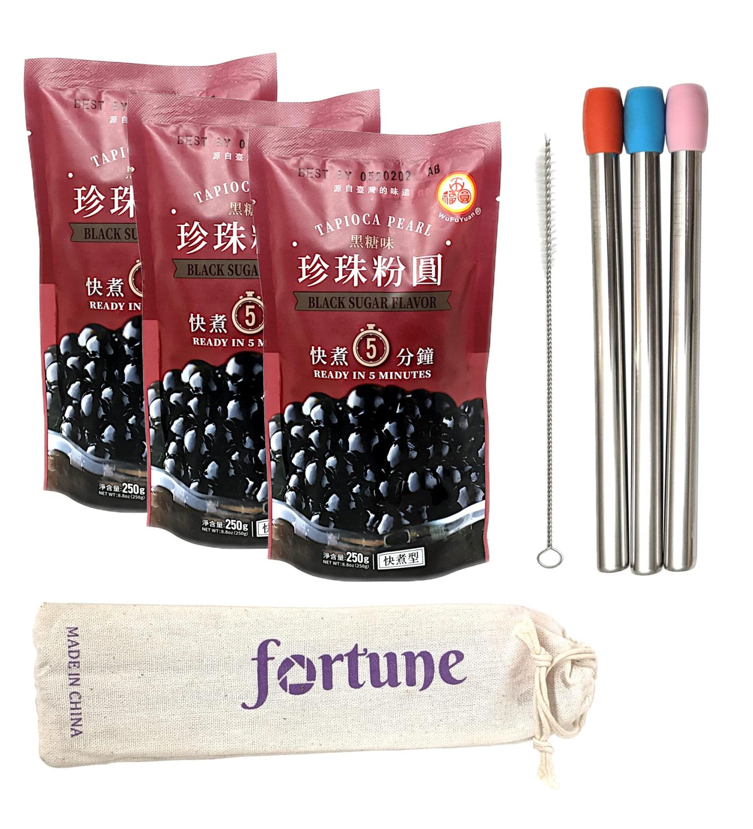 WuFuYuan Boba Tapioca Pearl Bubble Tea DIY Set | Black Large Balls 8.8oz (3 pack) + Reusable Stainless Steel Boba Straws & Silicone Tips | 1 Cleaning Brush & Canvas Bag - Buy Online on GoSupps.com