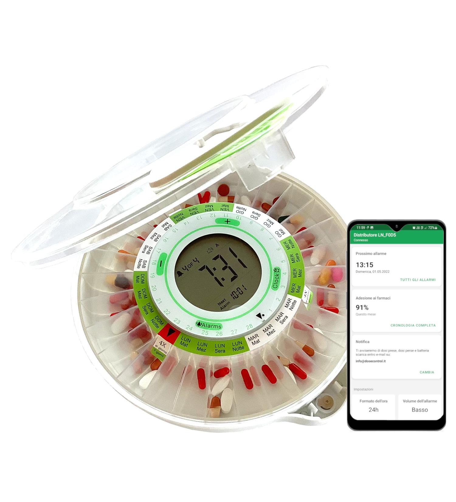 DoseControl Smart Medication Dispenser with Charger - Android App Monitoring, Transparent Lid, 9 Alarms, Email Notifications - Buy Online on GoSupps.com