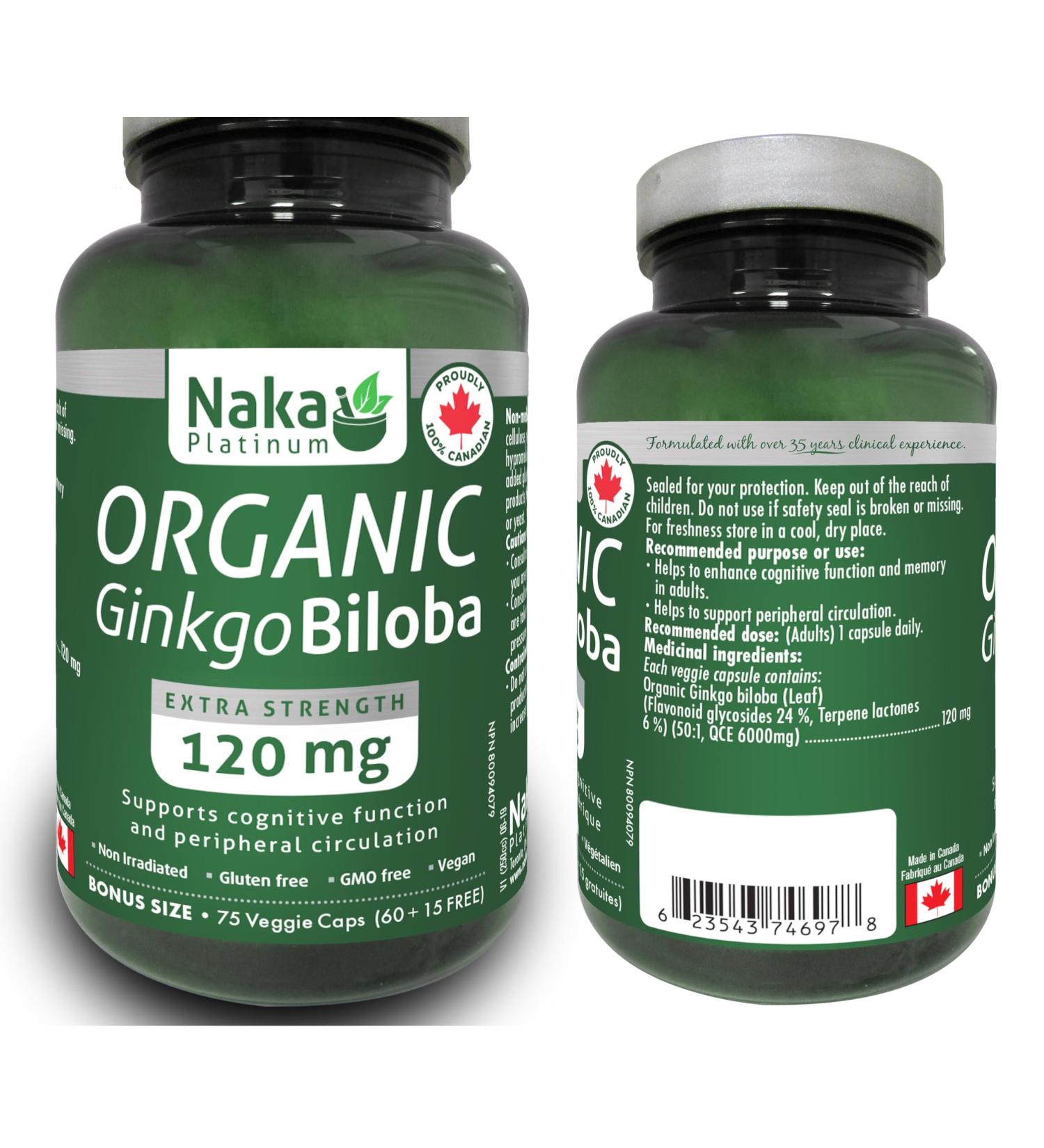 Naka Platinum ORGANIC Ginkgo Biloba Extra Strength Supports Cognitive Function 120 mg per capsule BONUS SIZE 75 Veggie Caps (60+15 Free) - Buy Online on GoSupps.com