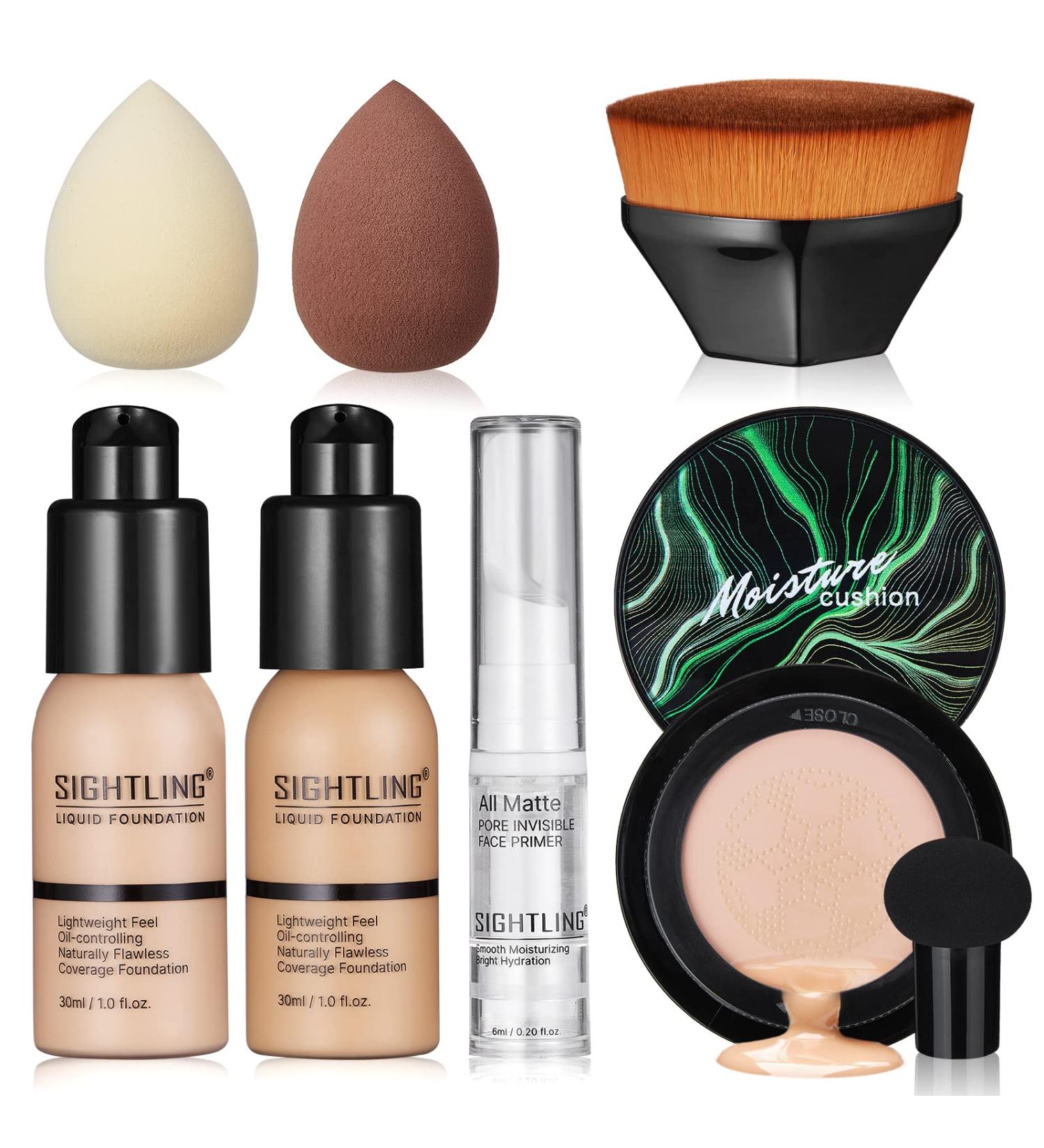 SIGHTLING 30ml Full Coverage Foundation Set with Primer, CC Cream, Brush, and Sponges - Matte Finish, Oil Control, Nude & Buff Beige Shades - Buy Online on GoSupps.com