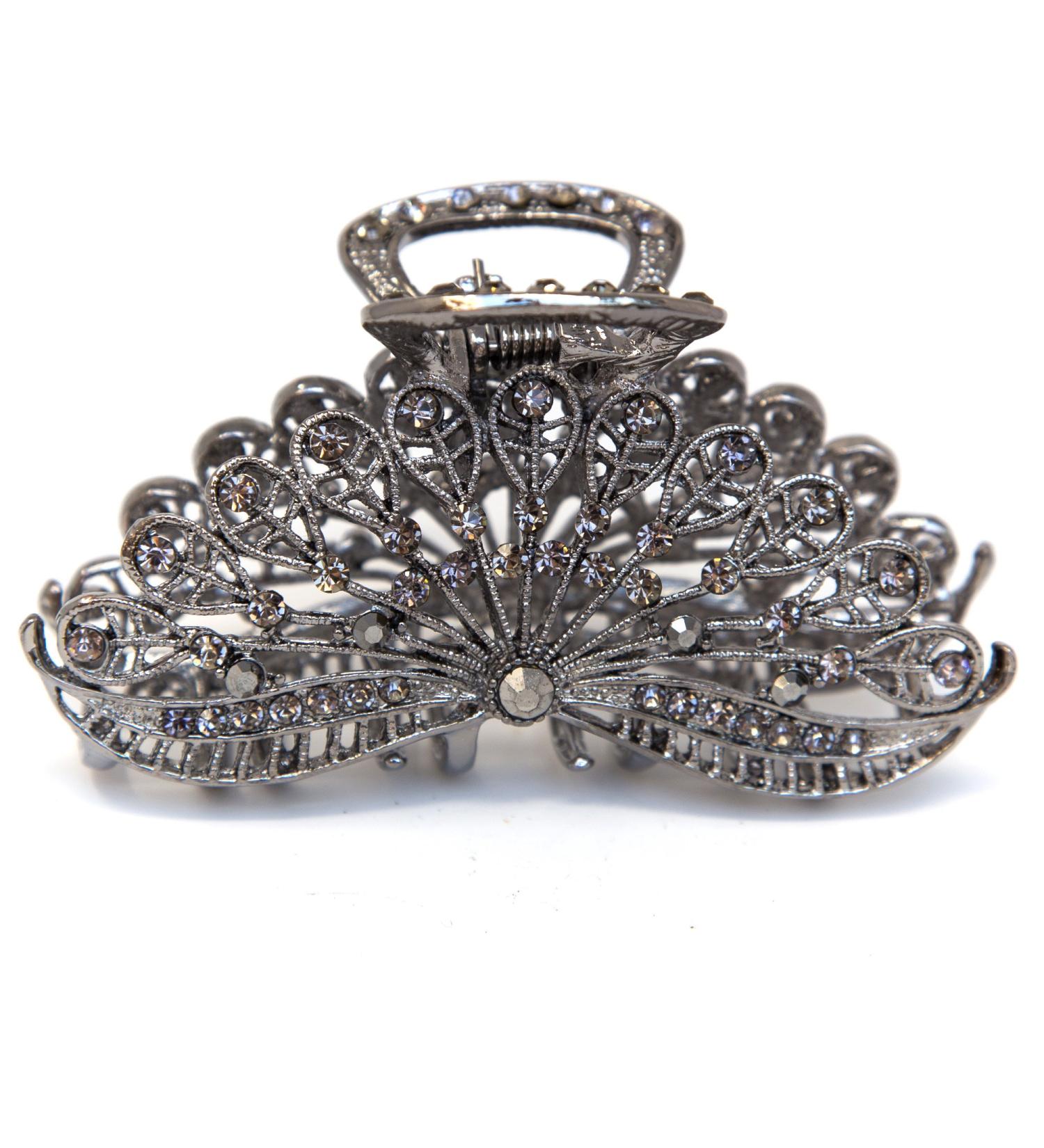 Metal hair claw Clip pin woman 3.5 inch XLarge elegant Peacock tail rhinestones crystal clip (black)