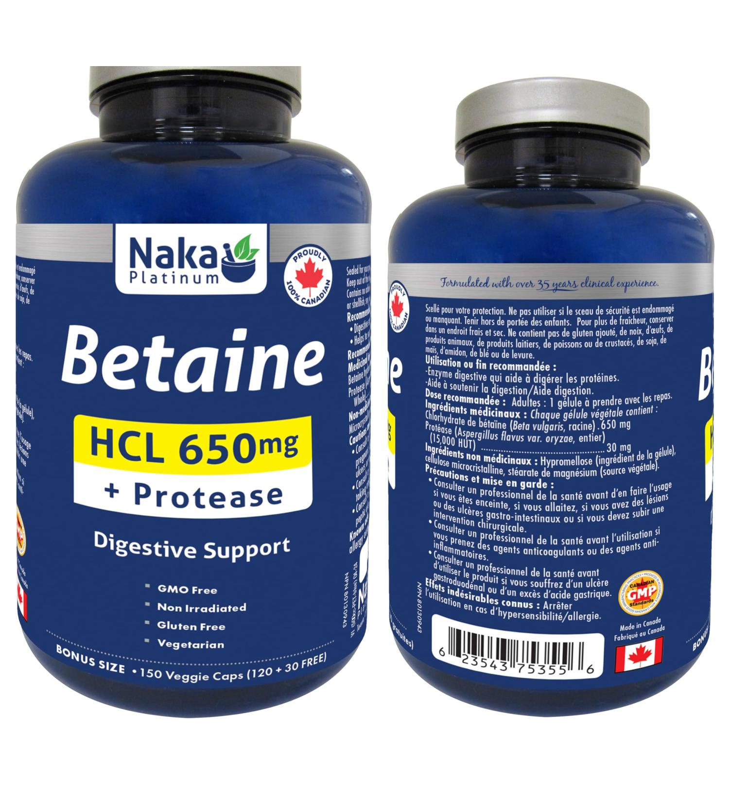 Naka Platinum Betaine HCL 650mg + Protease Digestive Support Made in Canada (150 vcaps) 150 count (Pack of 1) - Buy Online on GoSupps.com