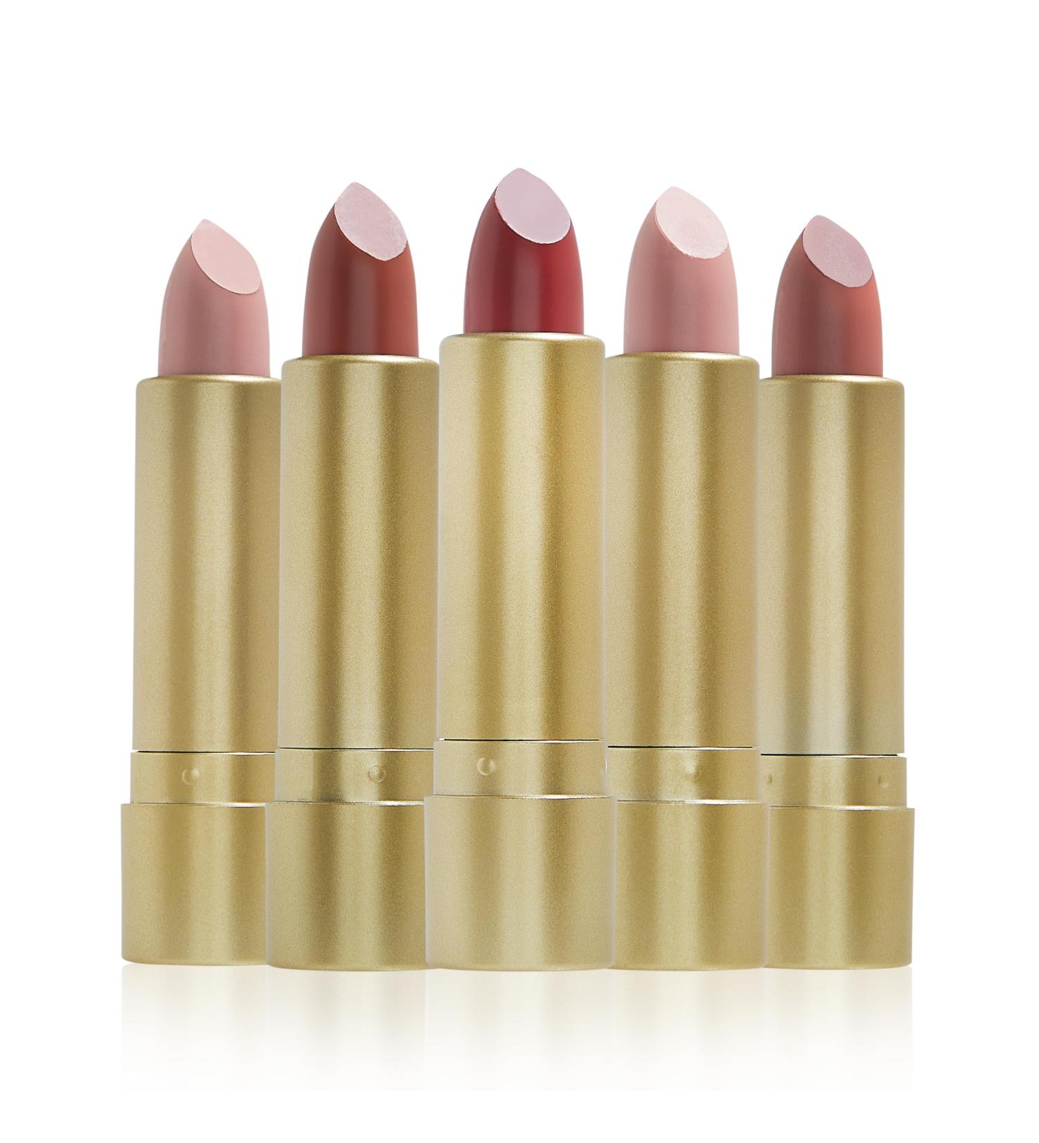 Beauty Concepts Radiant Lips: 5PC Matte Gold Lipstick Collection - Glamorous Glitter Accents & Metallic Floral Embossing | International Shipping Available - Buy Online on GoSupps.com