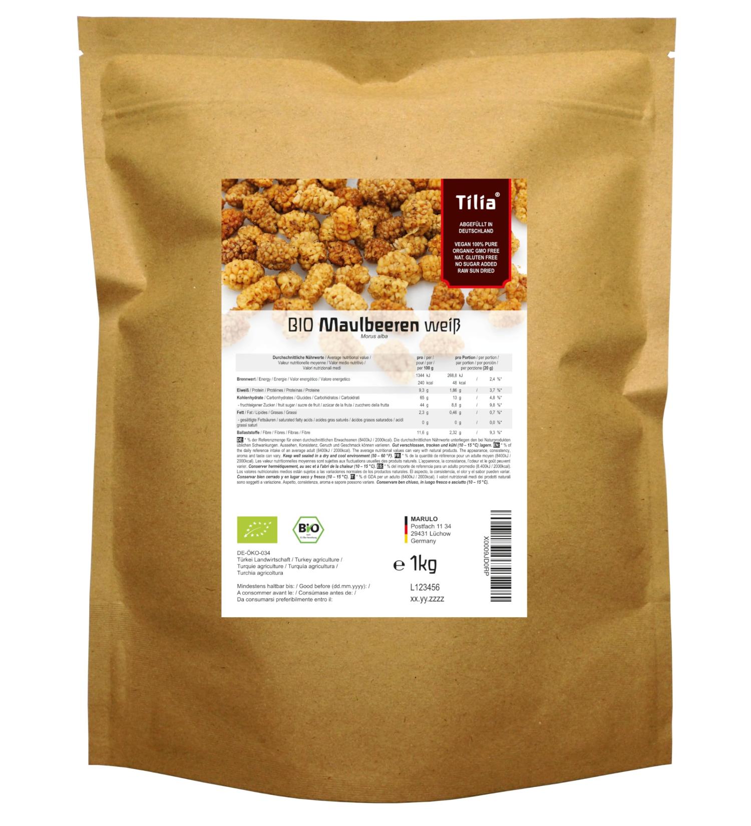 Tilia Organic White Mulberries 1 kg - Premium Quality Dried Fruit for Healthy Snacking - International Shipping Available - Buy Online on GoSupps.com