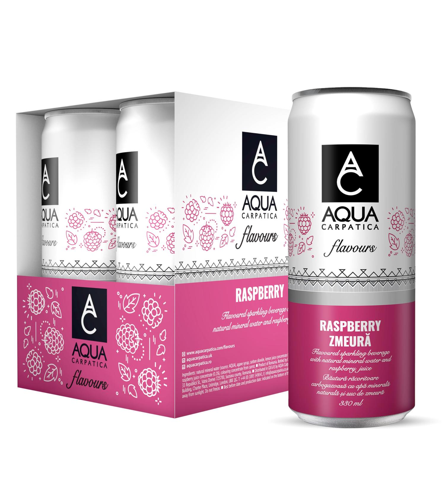 AQUA Carpatica Sparkling Raspberry Flavoured Water 330ml x 4 - Natural Fruit Juice Infused, Alkaline, Rich in Minerals - Buy Online on GoSupps.com