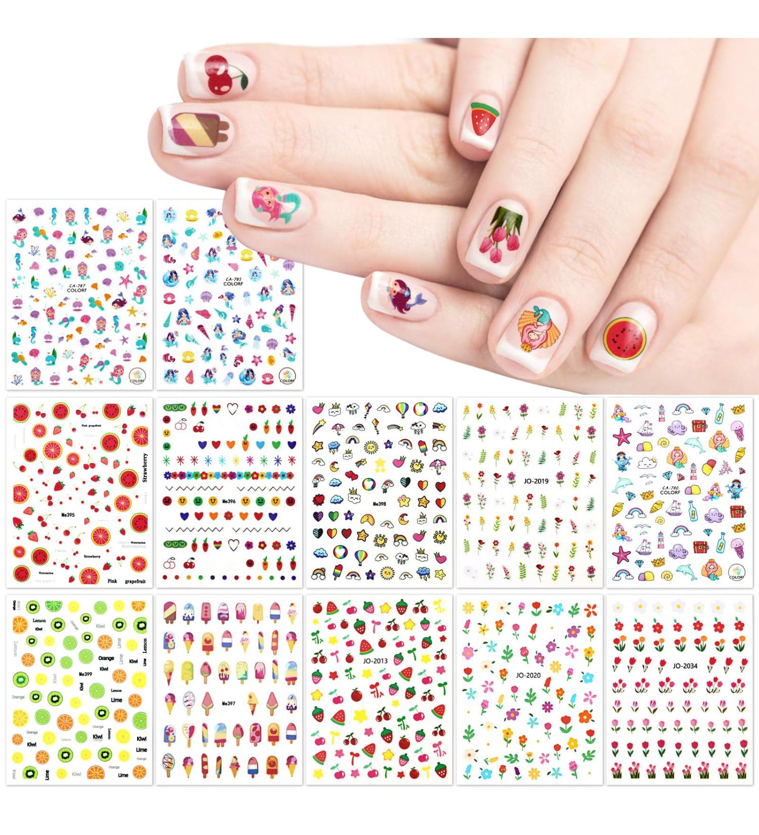 JSRQT 12 Sheets Nail Stickers Cute for Kids and Little Girls Self Adhesive Nail Art Stickers for Women Colorful Mermaid Flower Leaves Fruits Design Nail Sticker Supplies for Nail Art Decoration - Buy Online on GoSupps.com