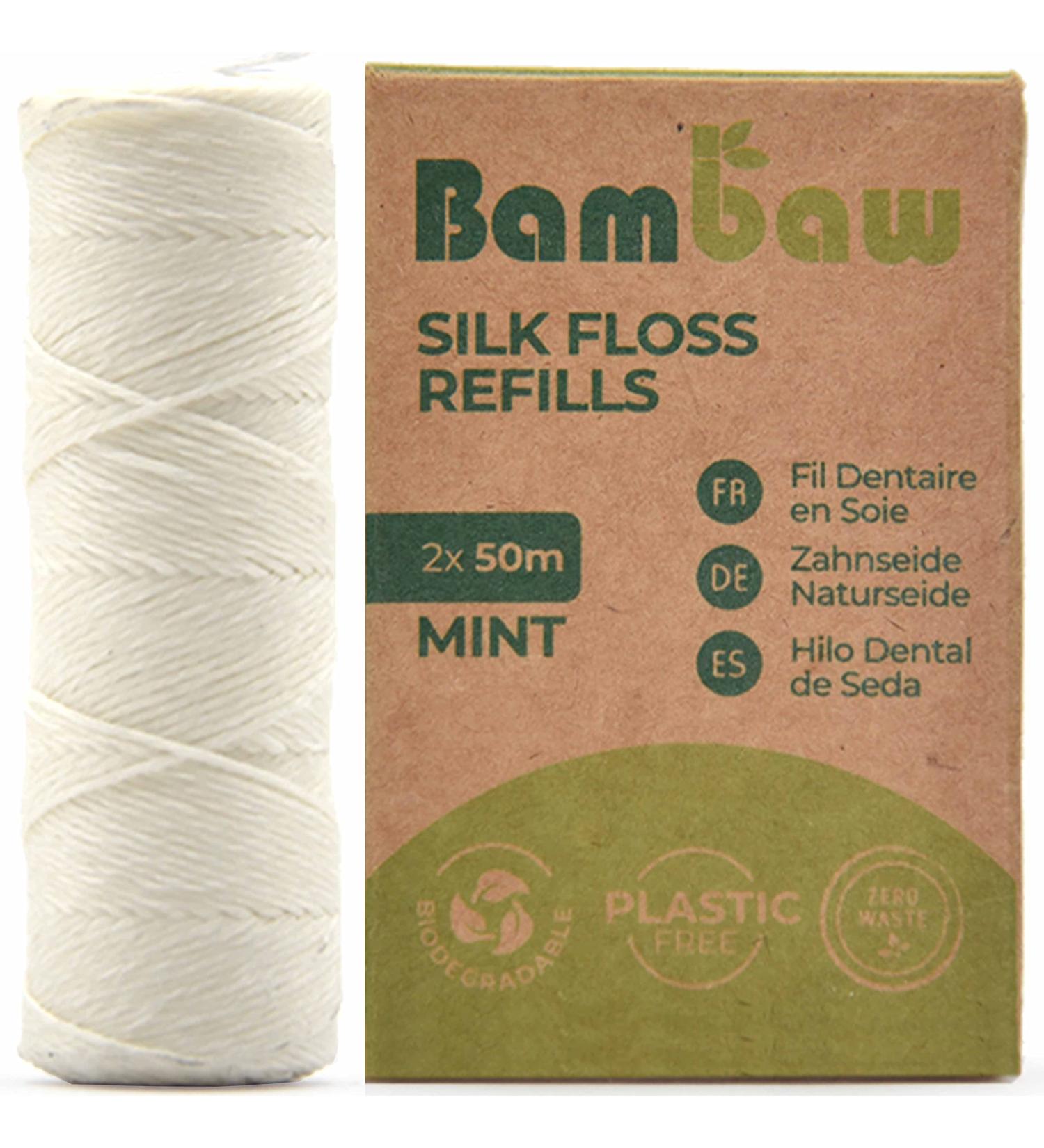Bambaw Silk Floss Refill - Eco-Friendly Biodegradable Dental Floss - Mint Flavored 2x50m Refill Pack - Buy Online on GoSupps.com