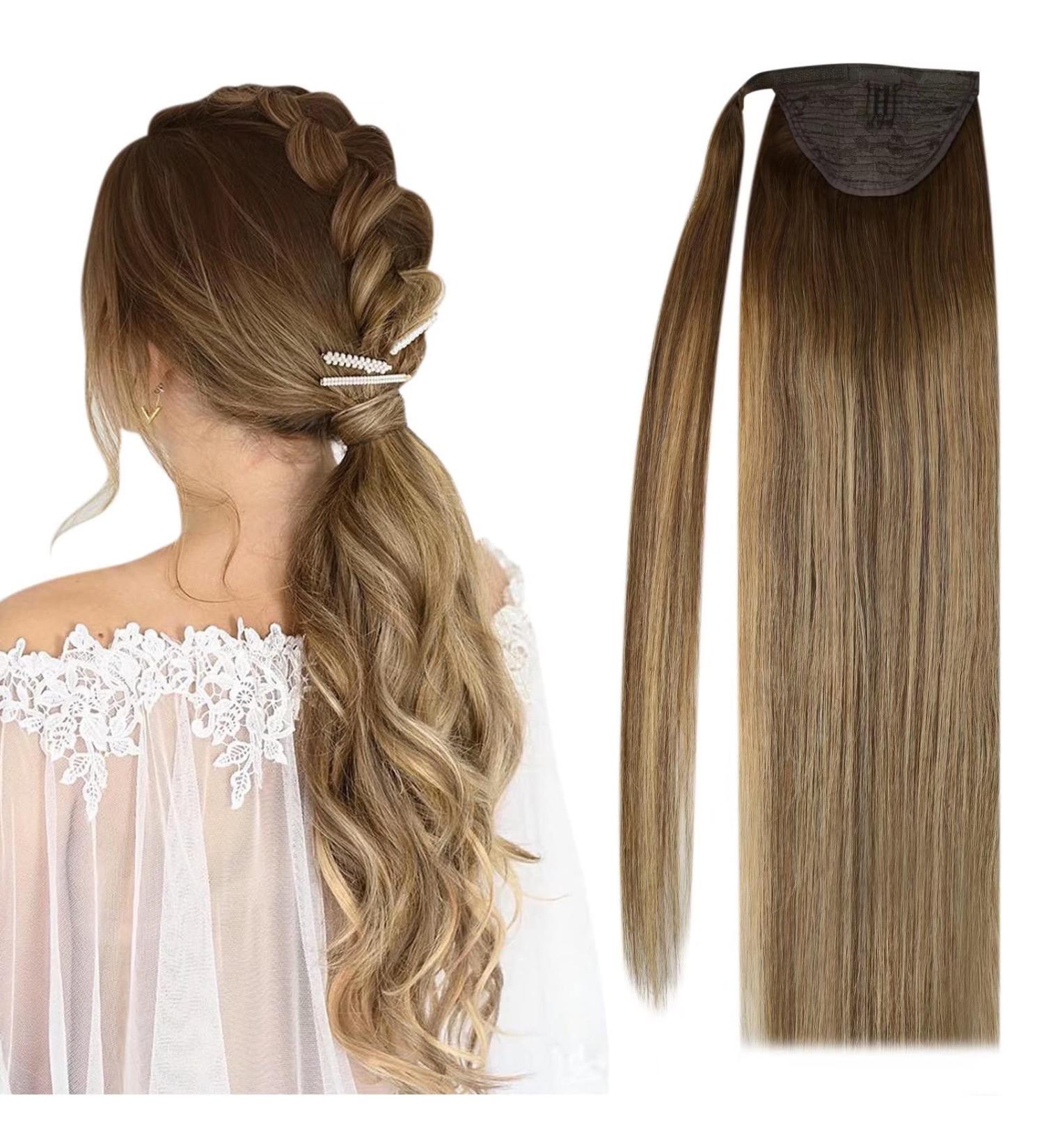 Vesunny 70g Ponytail Extension Human Hair 16 Inch Dark Brown Ombre Caramel Blonde #bala 4/27/4 - Buy Online on GoSupps.com