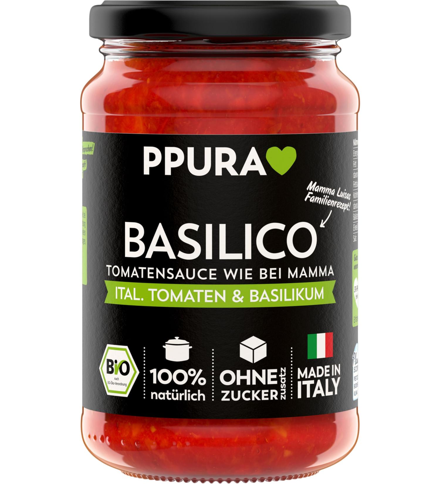 PPURA PPURA Organic Basil Tomato Sauce | Italian Basil Pasta Sauce | Made in Italy | 100% Natural | Vegan Sauce No Added Sugar & Preservatives | 340g Glass