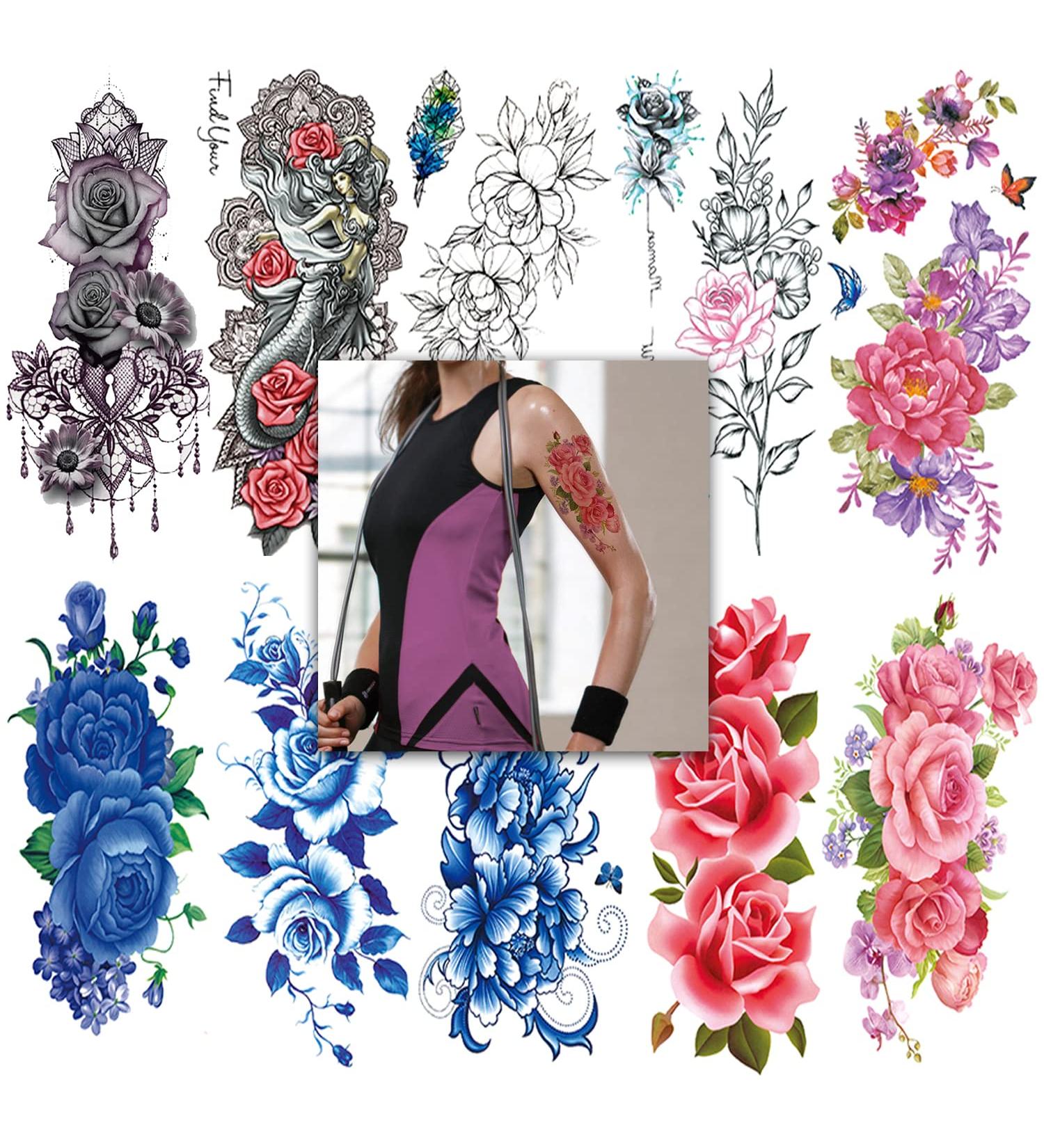 Large Rose Peony Temporary Tattoo Sleeves for Women - Waterproof Colorful Stickers for Shoulder and Arm - Buy Online on GoSupps.com
