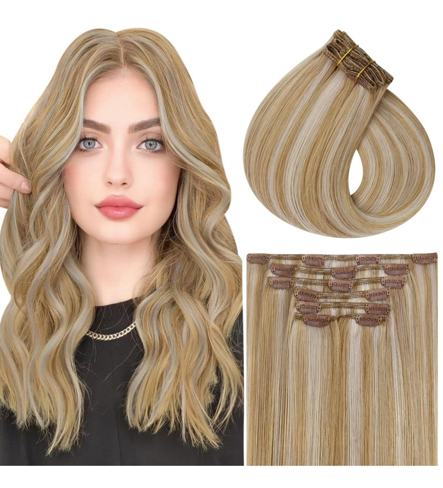 Vivien Clip-in Extensions | Real Remy Hair | Highlighted Ash Blonde #P27/60 | 10 Inch - 80g - 7 Pieces - Buy Online on GoSupps.com