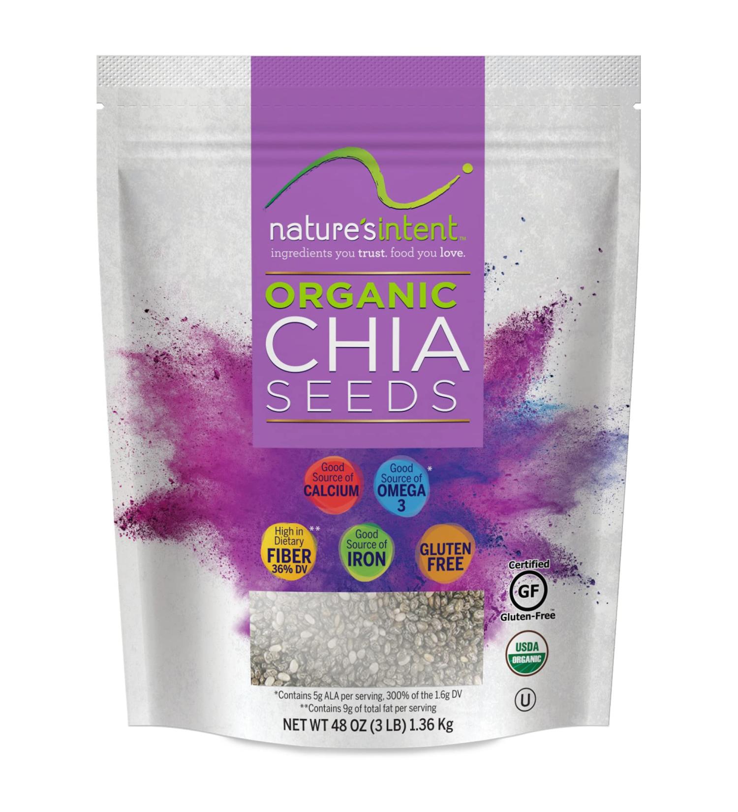 Nature's Intent Organic Chia Seeds - 3lb Bag | USDA Organic, Non-GMO, Vegan, Gluten-Free, Kosher | Keto & Paleo | Rich in Calcium, Omega-3, and Iron | For Salads, Yogurt & Smoothies - Buy Online on GoSupps.com