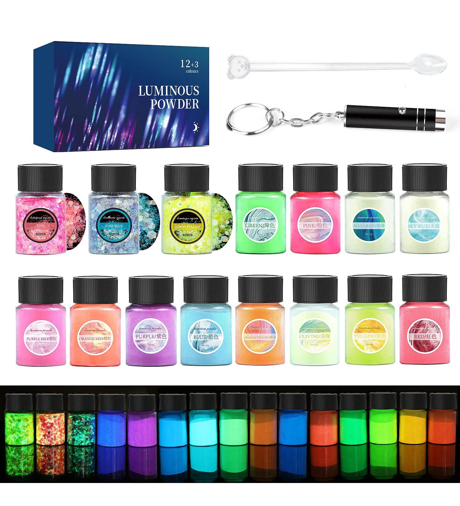 Glow in The Dark Pigment Powder Set - 15 Jars, 12 Color Glow Pigment, 3 Color Luminous Flake with UV Lamp - Epoxy Resin Luminous Powder for Slime, Skin & Nails - Long Lasting Self Glowing Dye for DIY Crafts - Buy Online on GoSupps.com