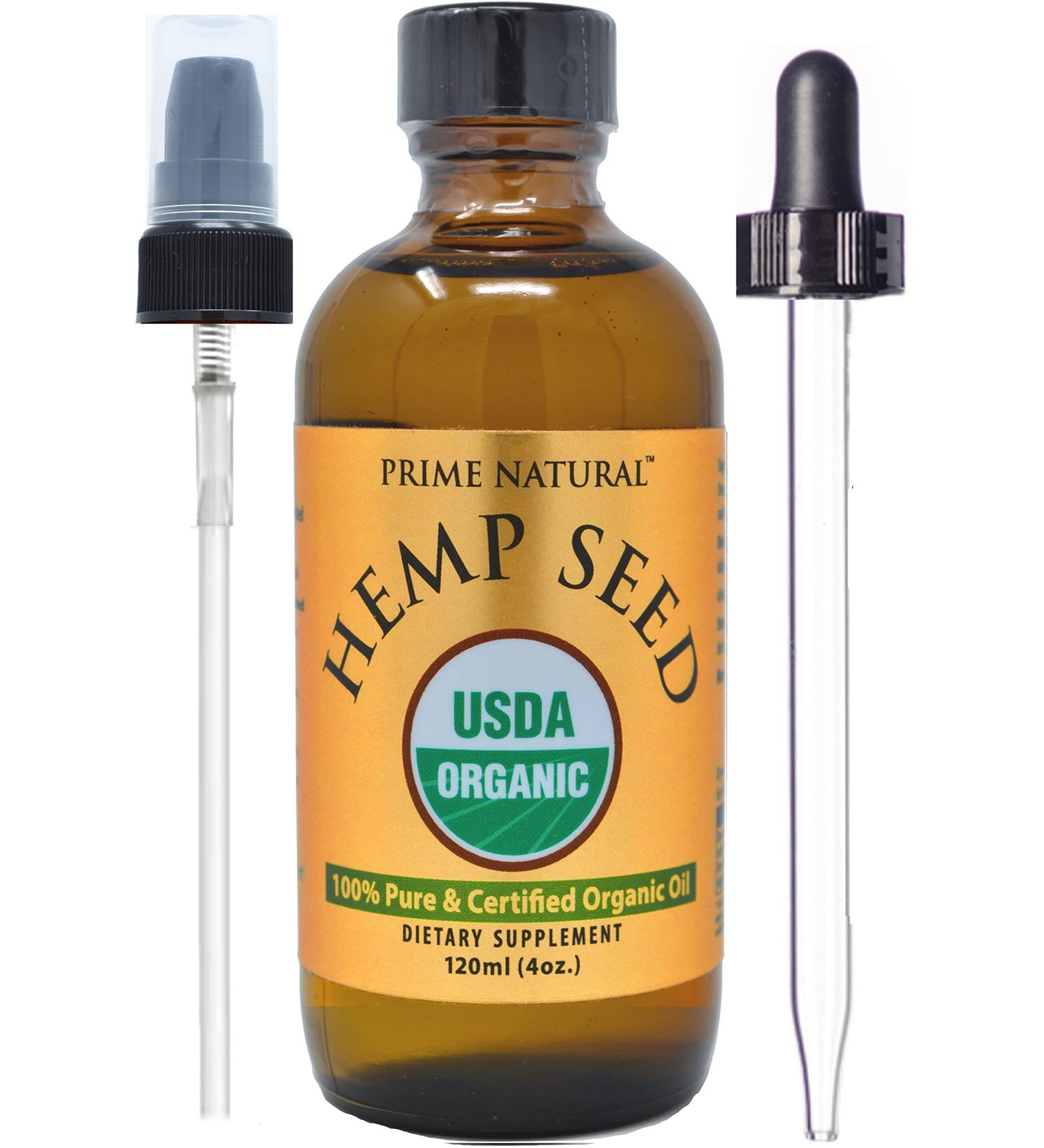 Prime Natural Organic Hemp Seed Oil 4oz - USDA Certified - Cold Pressed Virgin - High Omega 3 6 9 Fatty Acids - Face, Body, Skin & Hair Care - Buy Online on GoSupps.com