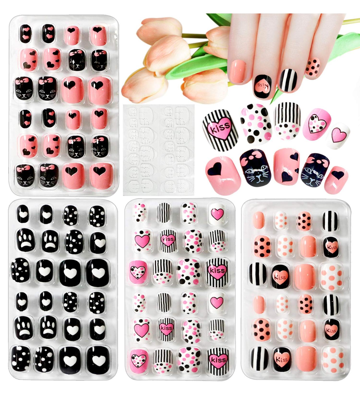 Kalolary 96PCS Kids False Nail Kit - Pre-glue Full Cover Dot Heart Pattern Short Nails with Nail Glue Sticker - Cute Gift for Little Girls - Buy Online on GoSupps.com