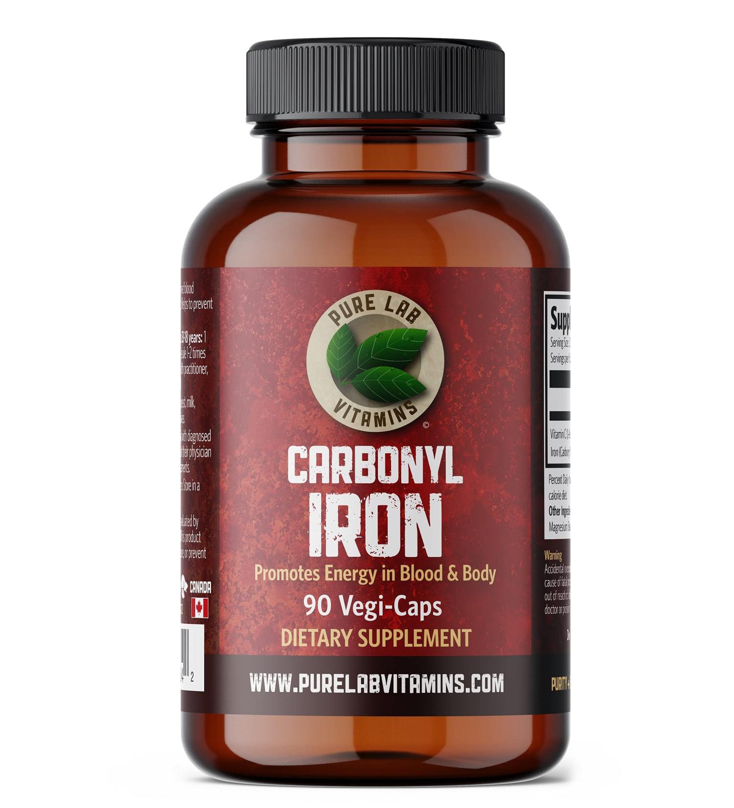 Pure Lab Vitamins Carbonyl Iron 90 Vegan Caps - High Bioavailability with VIT C - Non-Constipating Red Blood Cell Support - Made in Canada - Buy Online on GoSupps.com