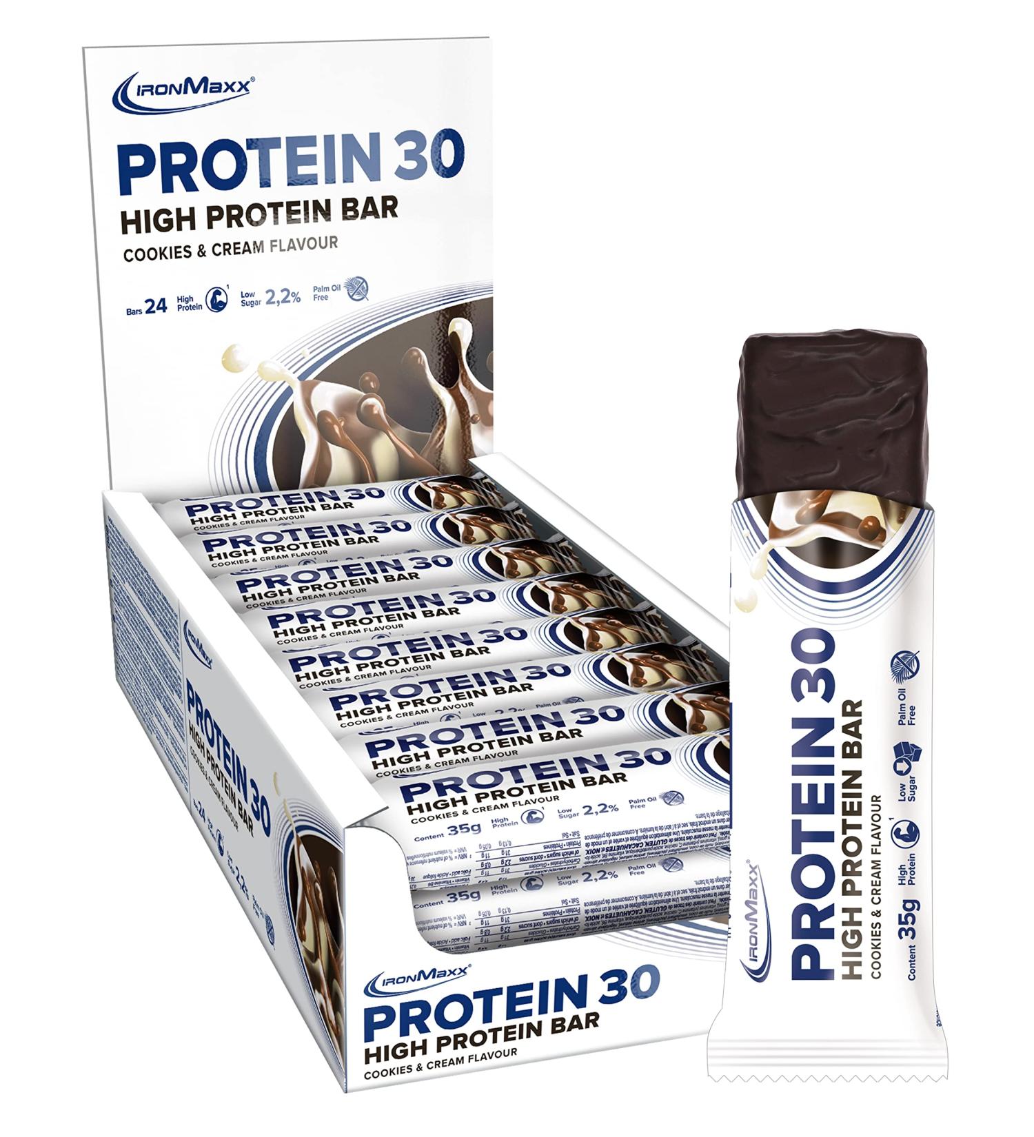Ironmaxx Protein 30 Bar - Cookies & Cream | 24 x 35g | Gluten-Free Palm Oil-Free | Low-Carb & Sugar-Reduced Protein Snack - Buy Online on GoSupps.com
