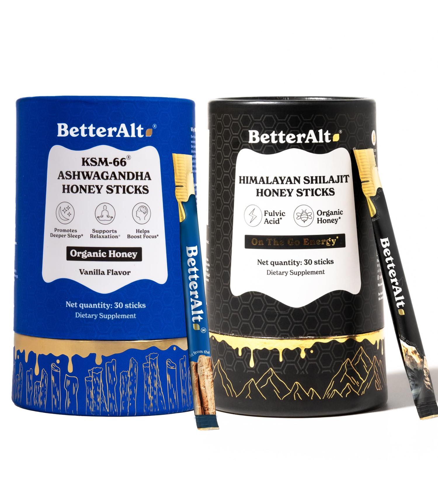 Better Alt Ashwagandha & Shilajit Honey Sticks 2 Pack| Pure Himalayan Shilajit Organic Multiflora Honey & Saffron|60 Sticks|Energy & Immune Support Supplement Natural + Ashwagandha Honeysticks (Pack of 2) - Buy Online on GoSupps.com