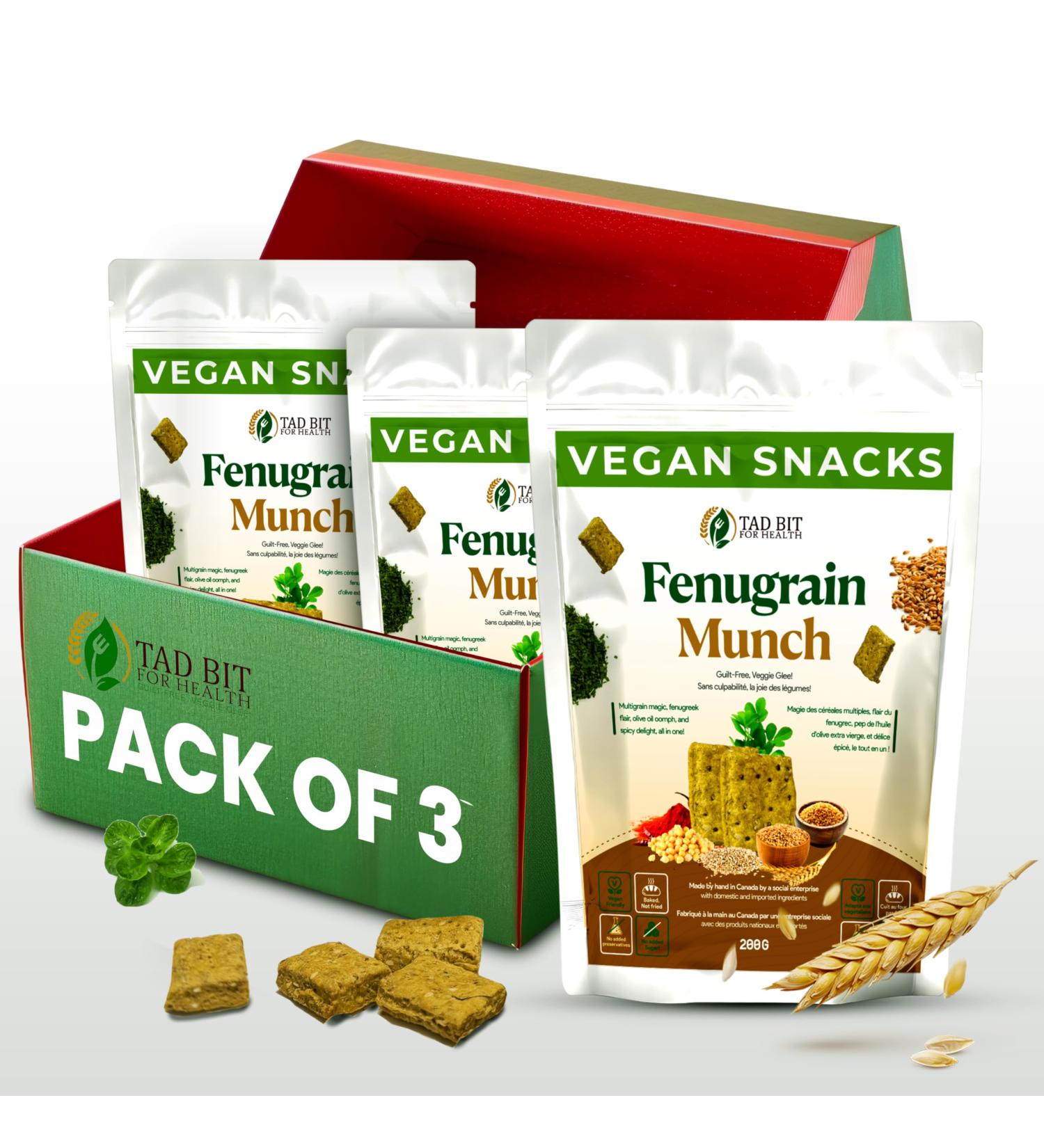 Buy Tad Bit's Fenugrain Munch | Premium Vegan Snacks | Salty & Healthy Whole Wheat Crackers | Dairy-Free Low-Calorie & Sugar-Free | 3 Pack - International Shipping Available - Buy Online on GoSupps.com