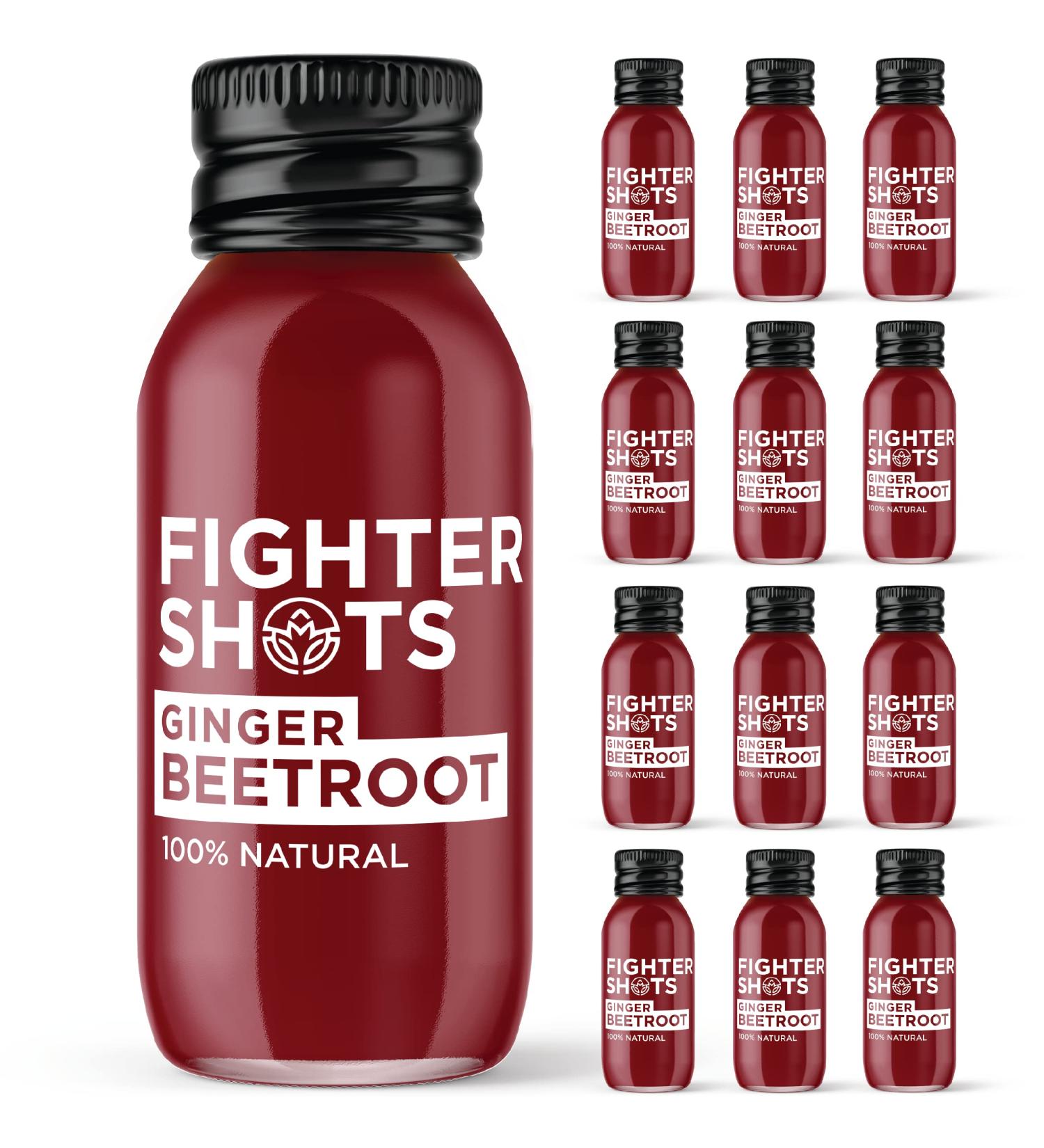 Fighter Shots Ginger + Beetroot (12x60ml) | 100% Natural | Perfect Morning/Post Workout Pick Me Up | No Preservatives | Fresh & Fiery Beetroot and Ginger Shots Ginger Beetroot