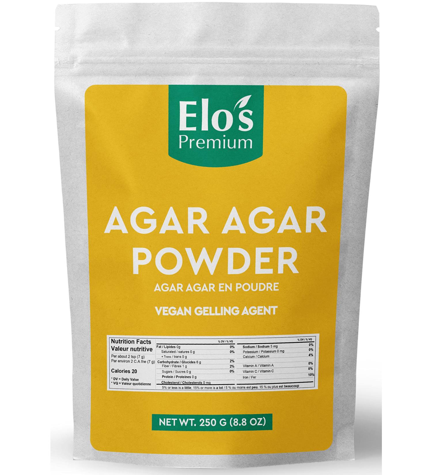 Agar Agar Powder by Elo s Premium (250 g) Packaged in Canada Vegan Gelling Agent Vegetarian Cheese Powder Gluten Free & Keto Friendly Healthy Gelatin Substitute Thickener Odor Free Perfect for Vegan Cheese Jellies Vegan Desserts and More - Buy Online on GoSupps.com