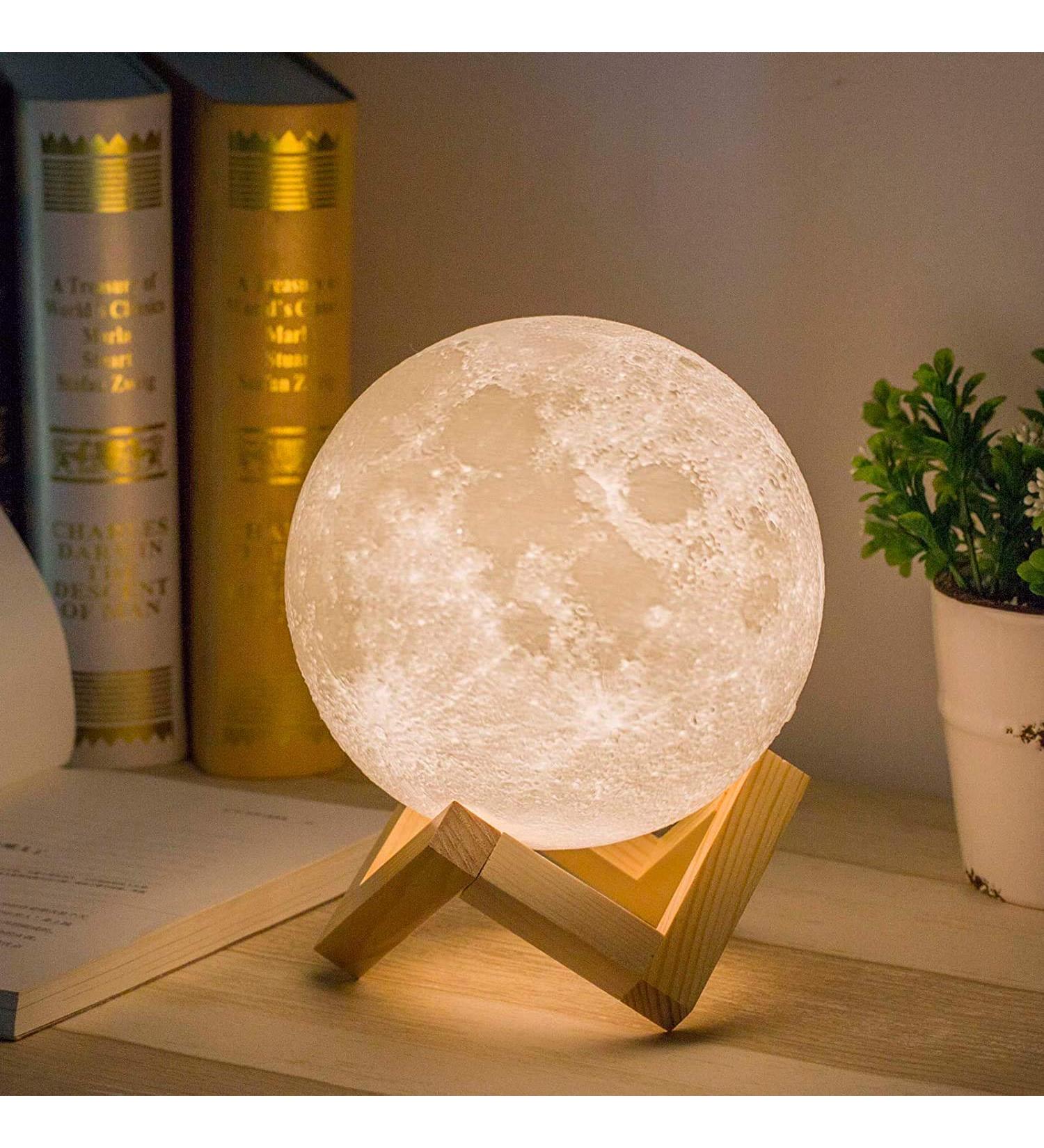 Methun 3D Moon Lamp 5.9 Inch with Wooden Base - LED Night Light for Home Decor - Touch Control Brightness - Ideal Gift for Bedroom, Christmas, New Year - White & Yellow - Buy Online on GoSupps.com