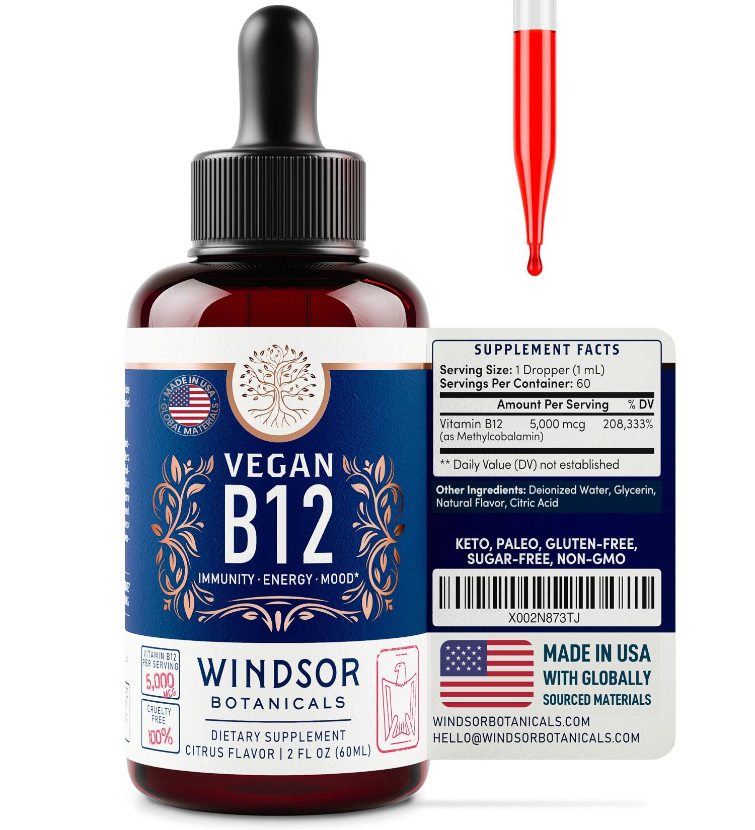 Max Strength Vegan Vitamin B12 Liquid - 5000 mcg Methylcobalamin Supplement - Citrus Flavor Sublingual Drops for Mood and Energy - 2oz - Buy Online on GoSupps.com
