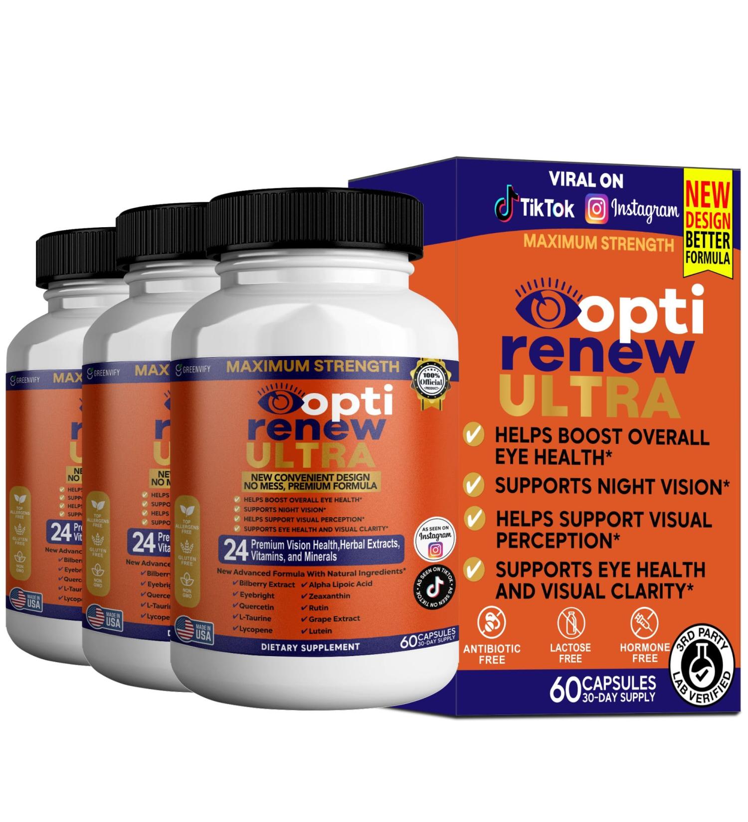 GREENVIFY Opti Renew Ultra Maximum Strength Eye Health Supplement 24 Premium Vision Health Herbal Extracts Vitamins and Minerals 60 Capsules (3) - Buy Online on GoSupps.com