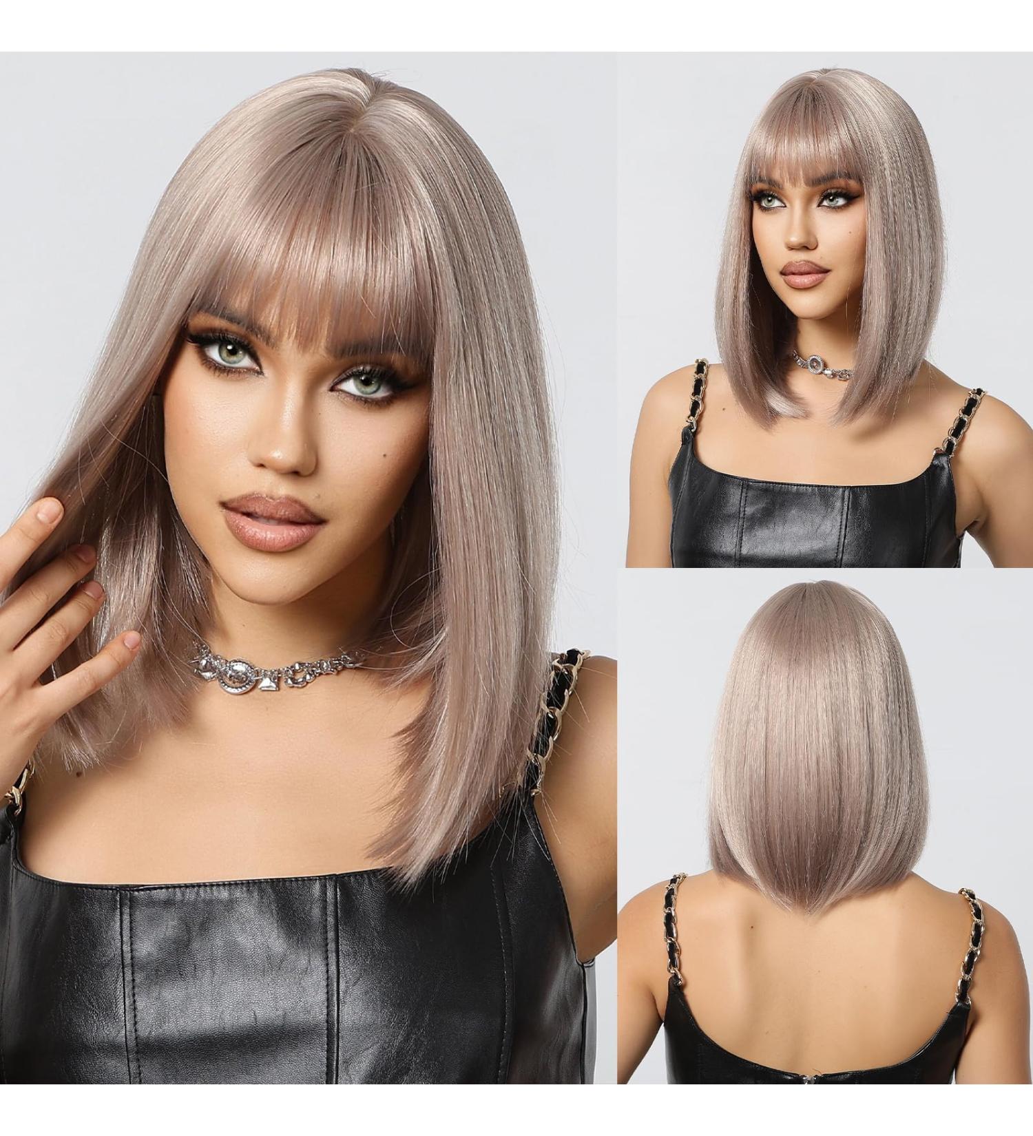 OUFEI Ash Blonde Bob Wig with Bangs | Short Straight Synthetic Hair Wig for Women - Perfect for Daily Wear, Parties, and Cosplay (1123-1) - Buy Online on GoSupps.com