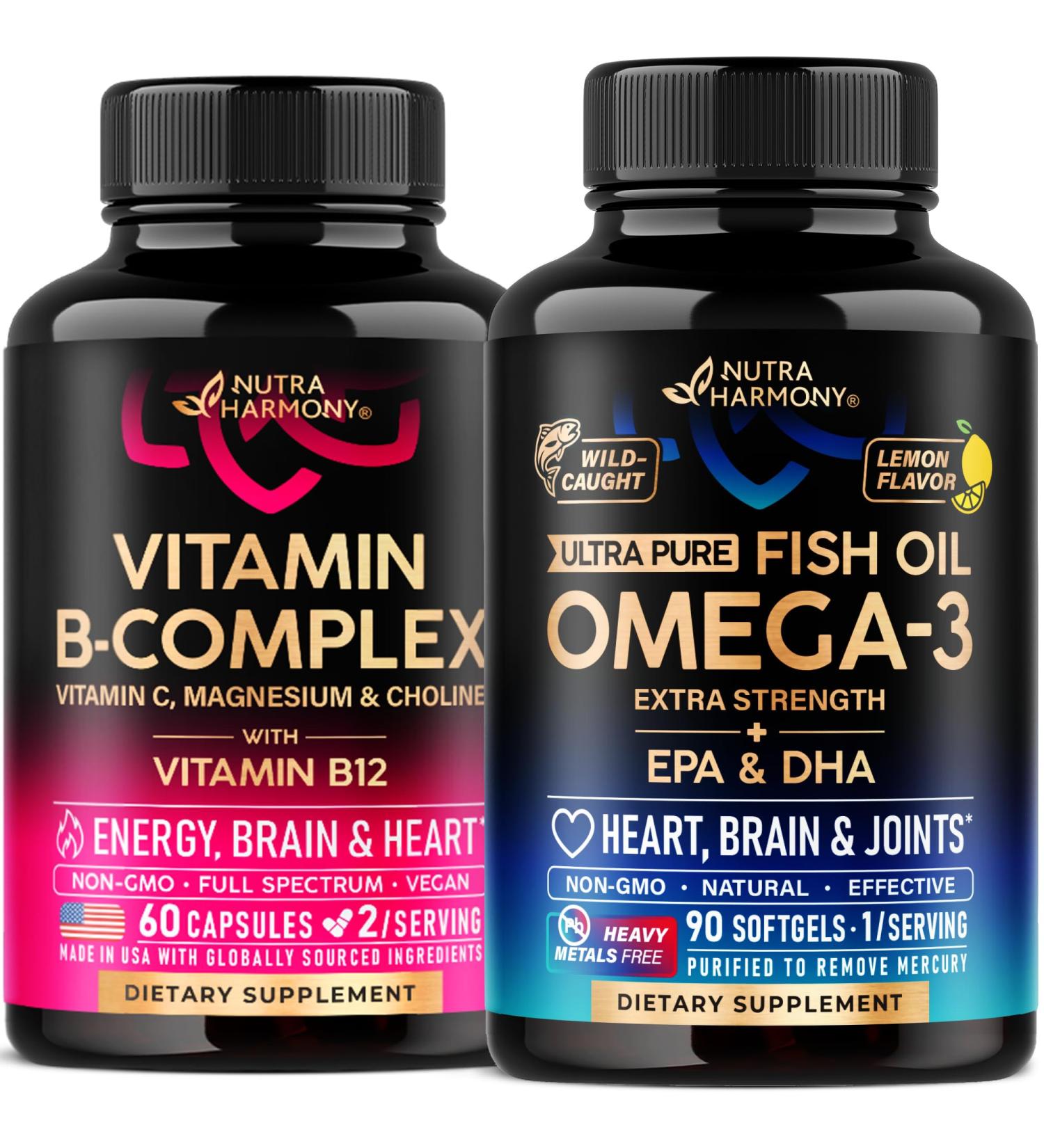NUTRAHARMONY Vitamin B Complex Capsules & Omega 3 Fish Oil Softgels