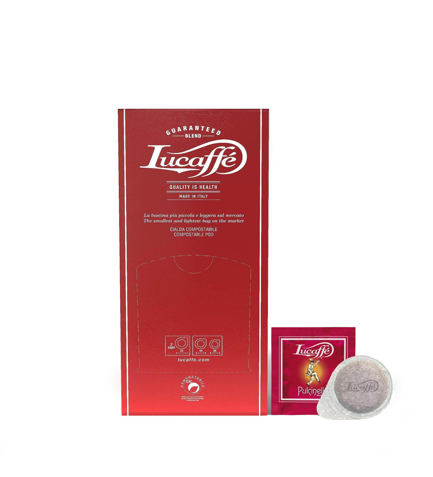 Lucaff Caf Pulcinella 44mm pods 150 compostable ESE paper pods Energy Coffee Arabica and Robusta blend Neapolitan roast - Buy Online on GoSupps.com