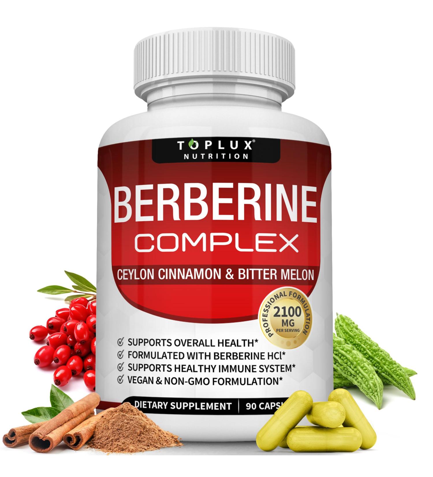 Toplux Berberine with Ceylon Cinnamon and Bitter Melon 2100mg - High Purity 97% HCL Berberine Supplement Supports Overall Health & Immune System Non-GMO Vegan 90 Capsules 90 Count (Pack of 1) - Buy Online on GoSupps.com