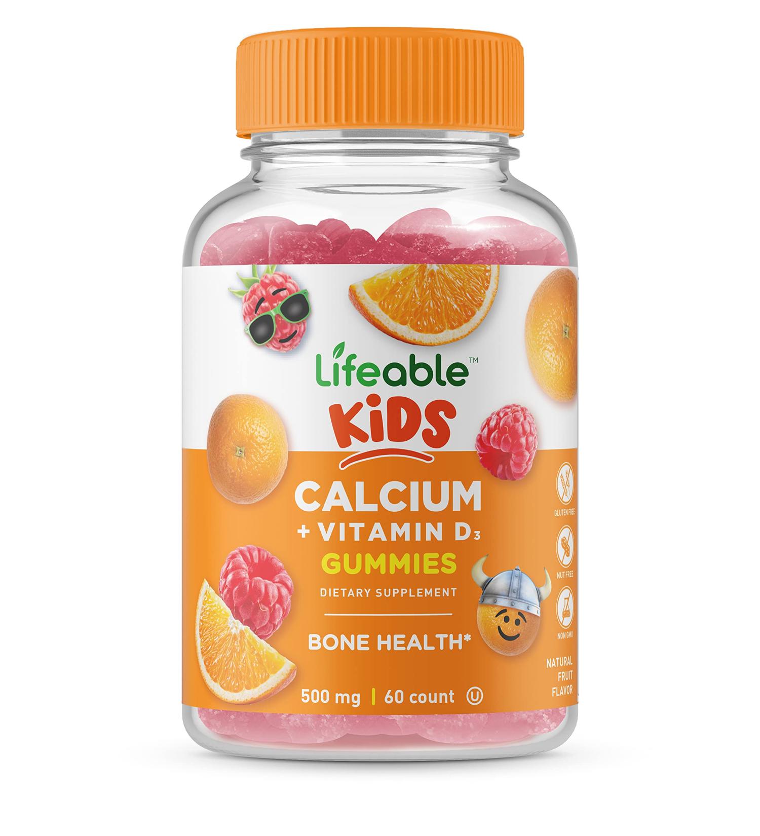Lifeable Kids Calcium 500mg with Vitamin D3 1000IU Gummies - Natural Flavor, Gluten Free, GMO-Free - Bone & Teeth Support - 60 Gummies - Buy Online on GoSupps.com
