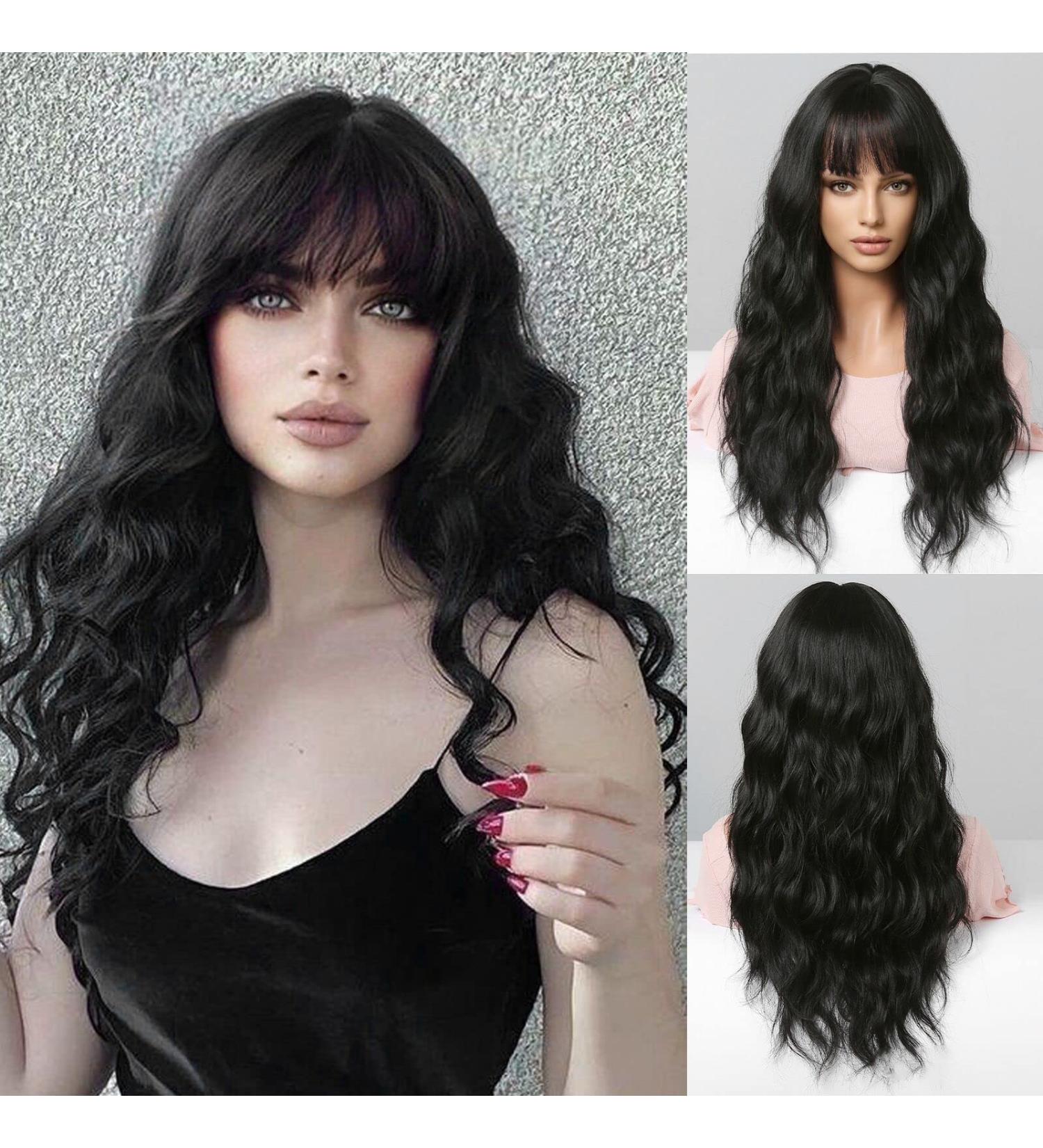 Long Black Synthetic Wavy Hair Wig with Neat Fringe for Women - HAIRCUBE - Buy Online on GoSupps.com