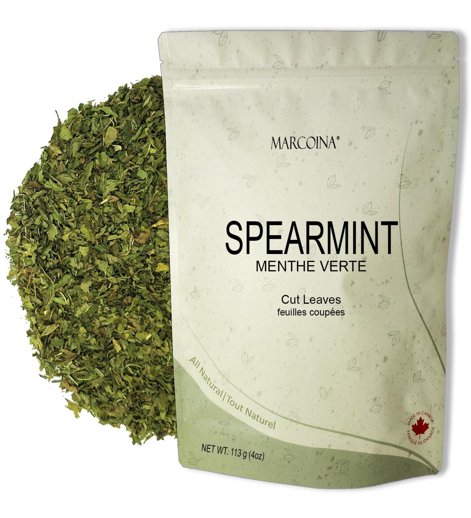 Pure Spearmint Leaves Herbal Loose Tea by Marcoina - Cut Leaves 113g in Resealable bag Caffeine-Free from USA - Perfect for Hot Brews - Known as Mentha spicata - 4oz. Spearmint Cut Leaves 113-g. / 4-oz. - Buy Online on GoSupps.com