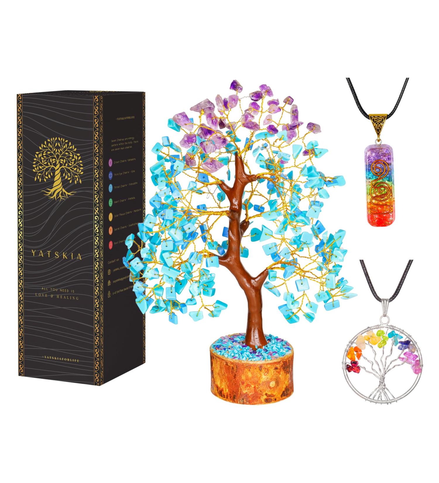 YATSKIA Amethyst & Turquoise Crystal Tree of Life - Spiritual Good Luck Charms - Meditation Decor for Women - Gemstone Tree with Golden Wire - Buy Online on GoSupps.com