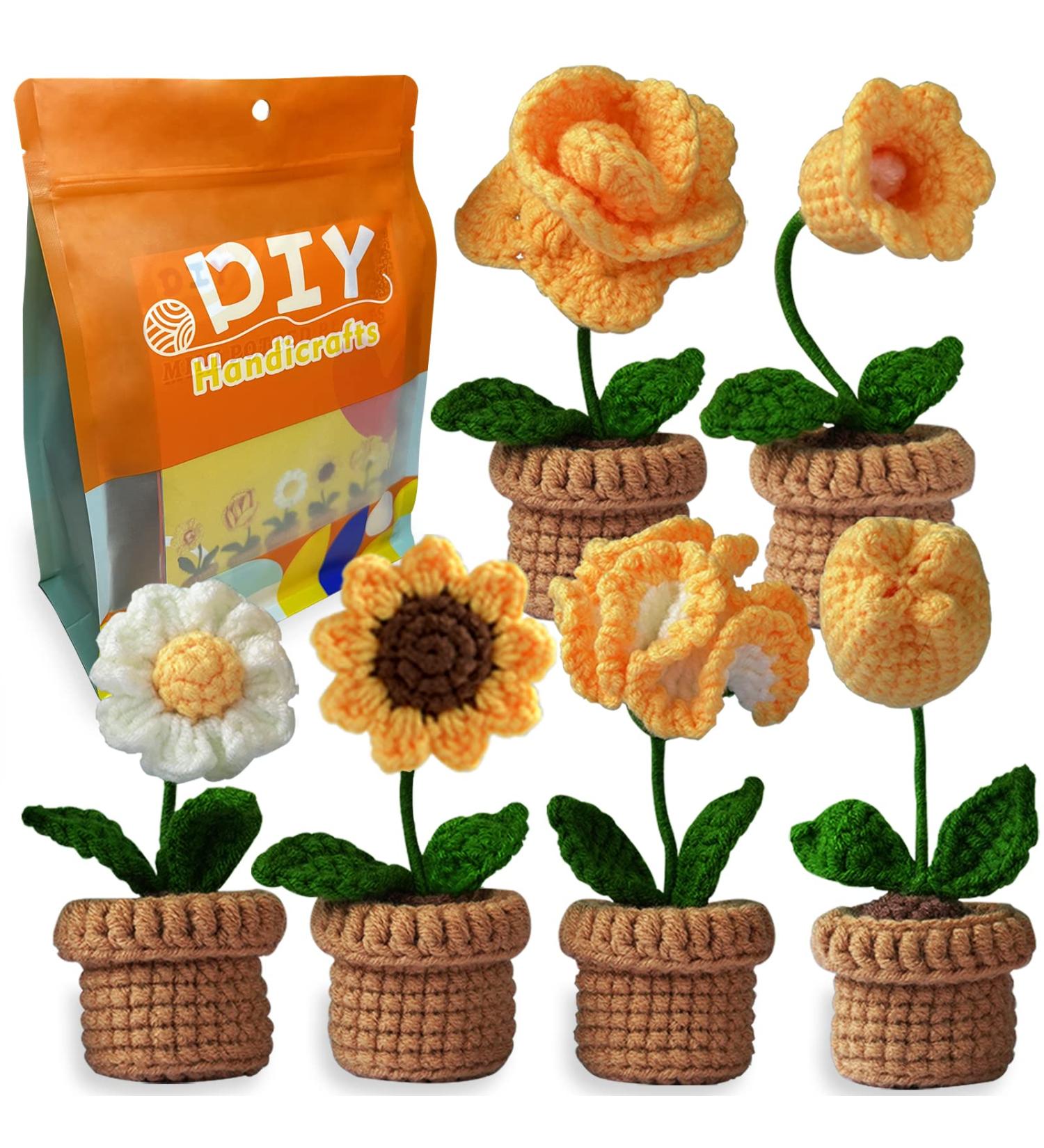 Qunland Crochet Kit for Beginners - 6 Pcs Potted Flowers DIY Kit for Adults and Kids - Yellow Crochet Starter Knitting Kit with Step-by-Step Instructions - Buy Online on GoSupps.com