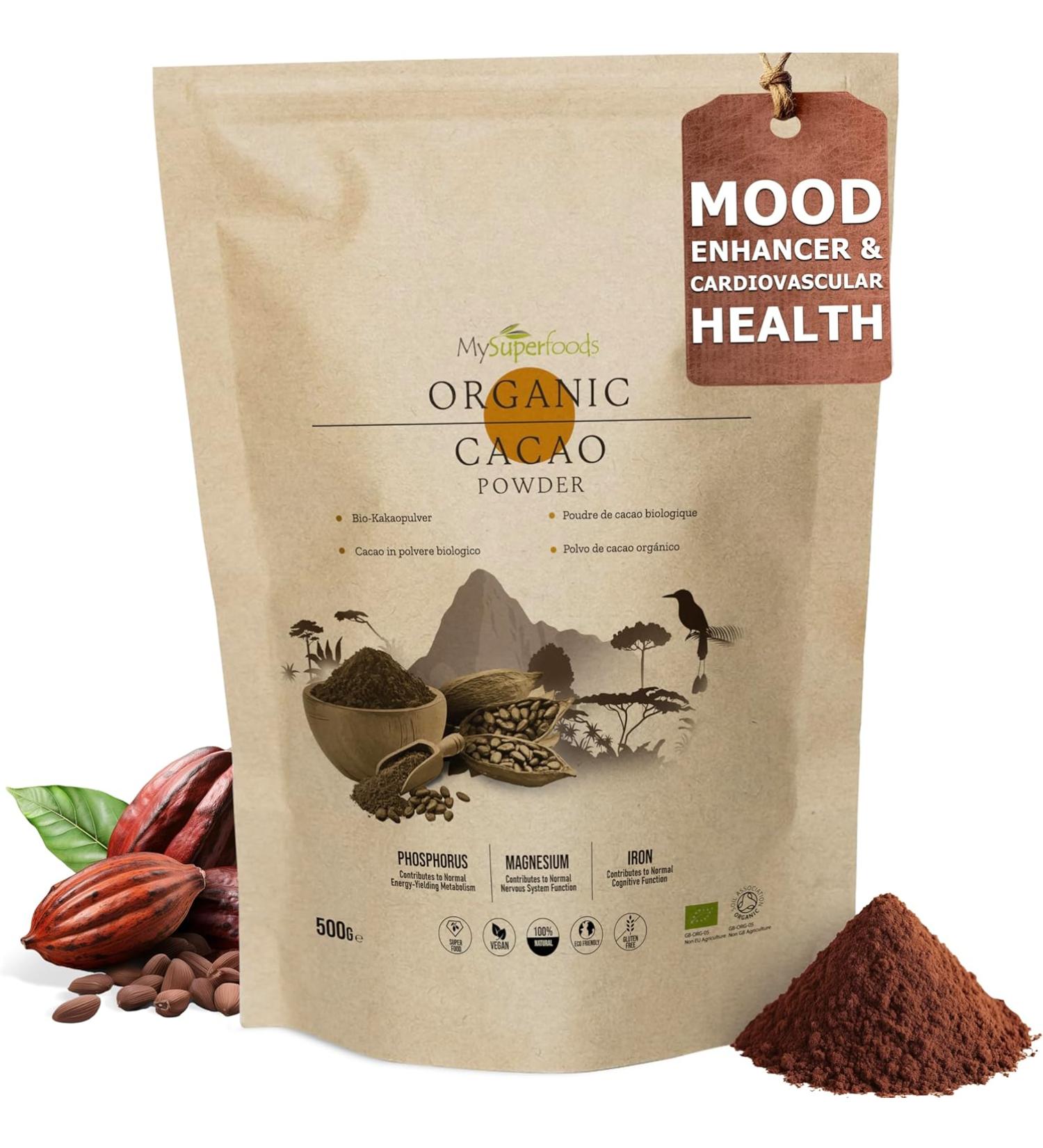 MySuperfoods Organic Cacao Powder  Pure & Unsweetened | Mood Enhancer & Cardiovascular Health | Natural Source of Magnesium | 500g - Buy Online on GoSupps.com