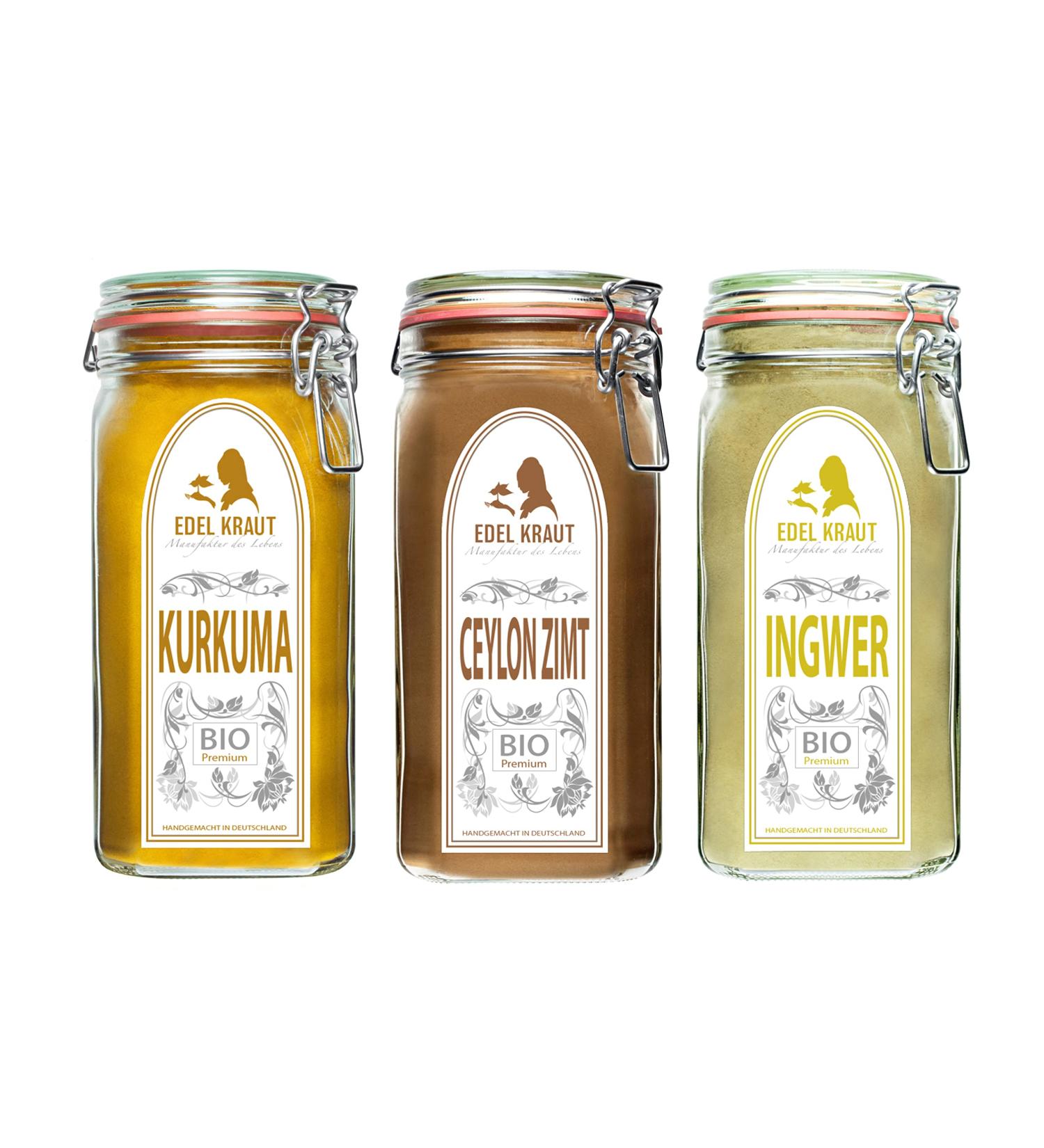 Golden Milk Organic Spice Set | Noble Herb - Premium XXL Glass with Organic Turmeric Ceylon Cinnamon & Ginger - 100% Natural Pure Spices from Controlled Organic Cultivation - Buy Online on GoSupps.com